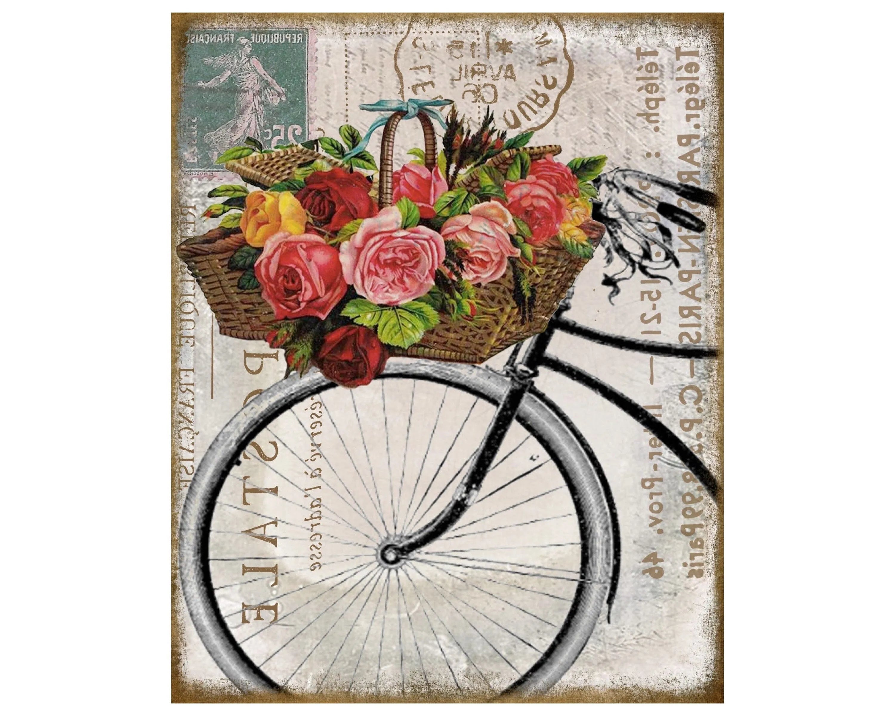 Letrero de postal de bicicleta francesa, corona floral de bicicleta, letrero de metal de estilo rústico francés, letrero shabby chic, letrero de postal de París, rueda de bicicleta