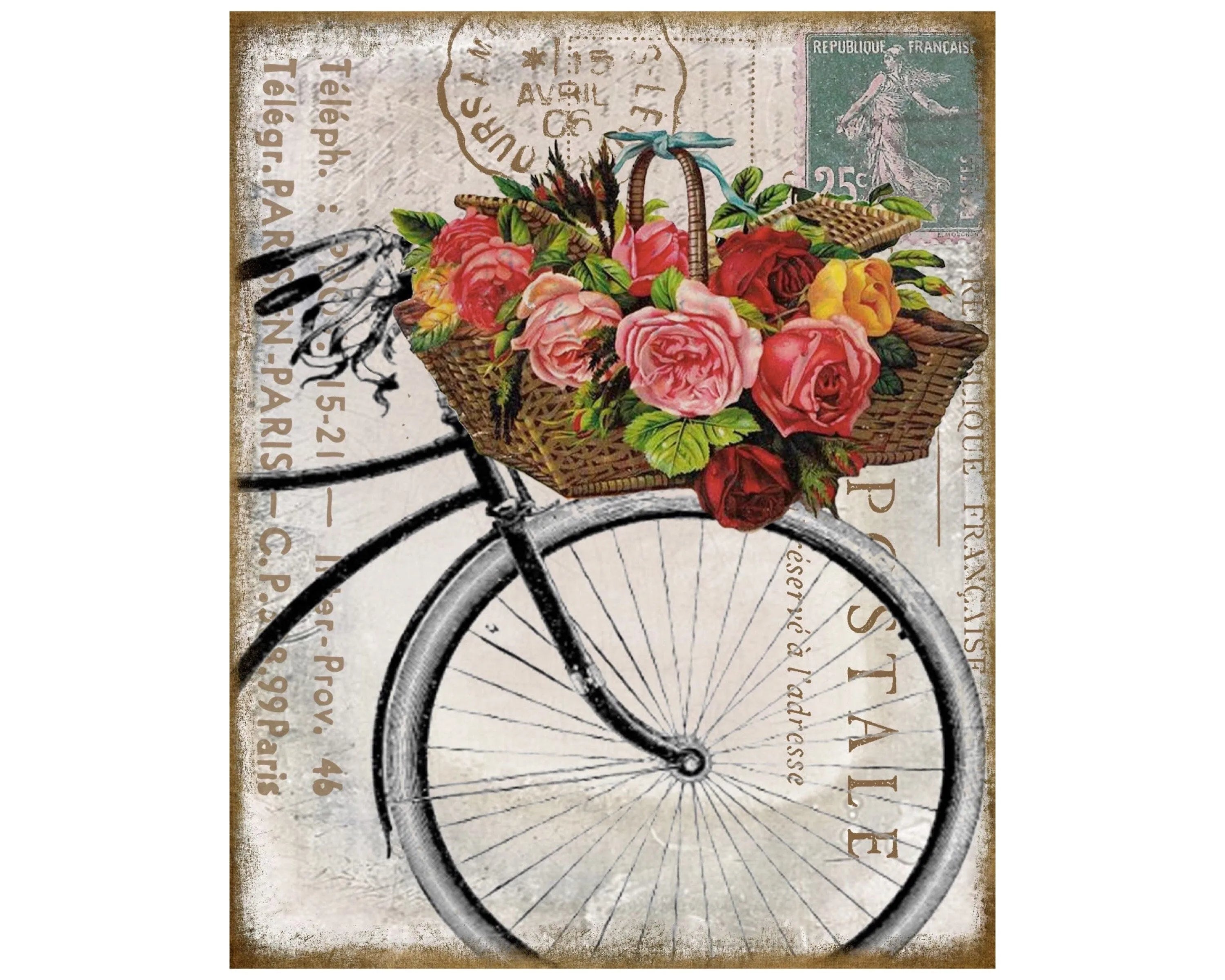 Letrero de postal de bicicleta francesa, corona floral de bicicleta, letrero de metal de estilo rústico francés, letrero shabby chic, letrero de postal de París, rueda de bicicleta