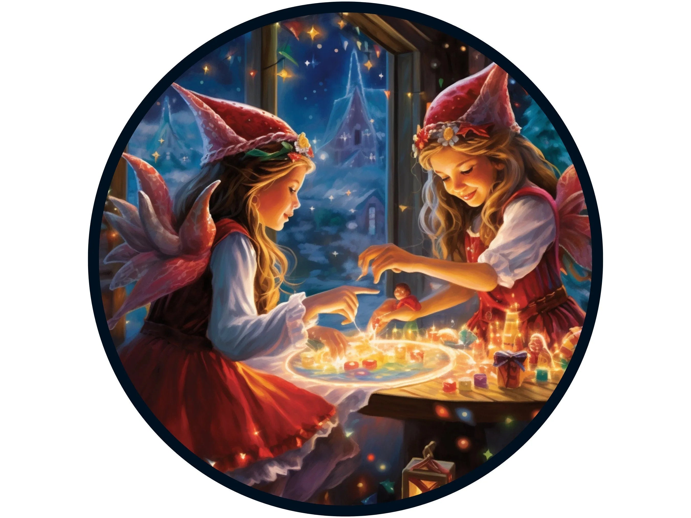 Divertidos y encantadores duendes navideños jugando con coronas de juego, letreros para diciembre, letreros para Navidad, letreros para invierno