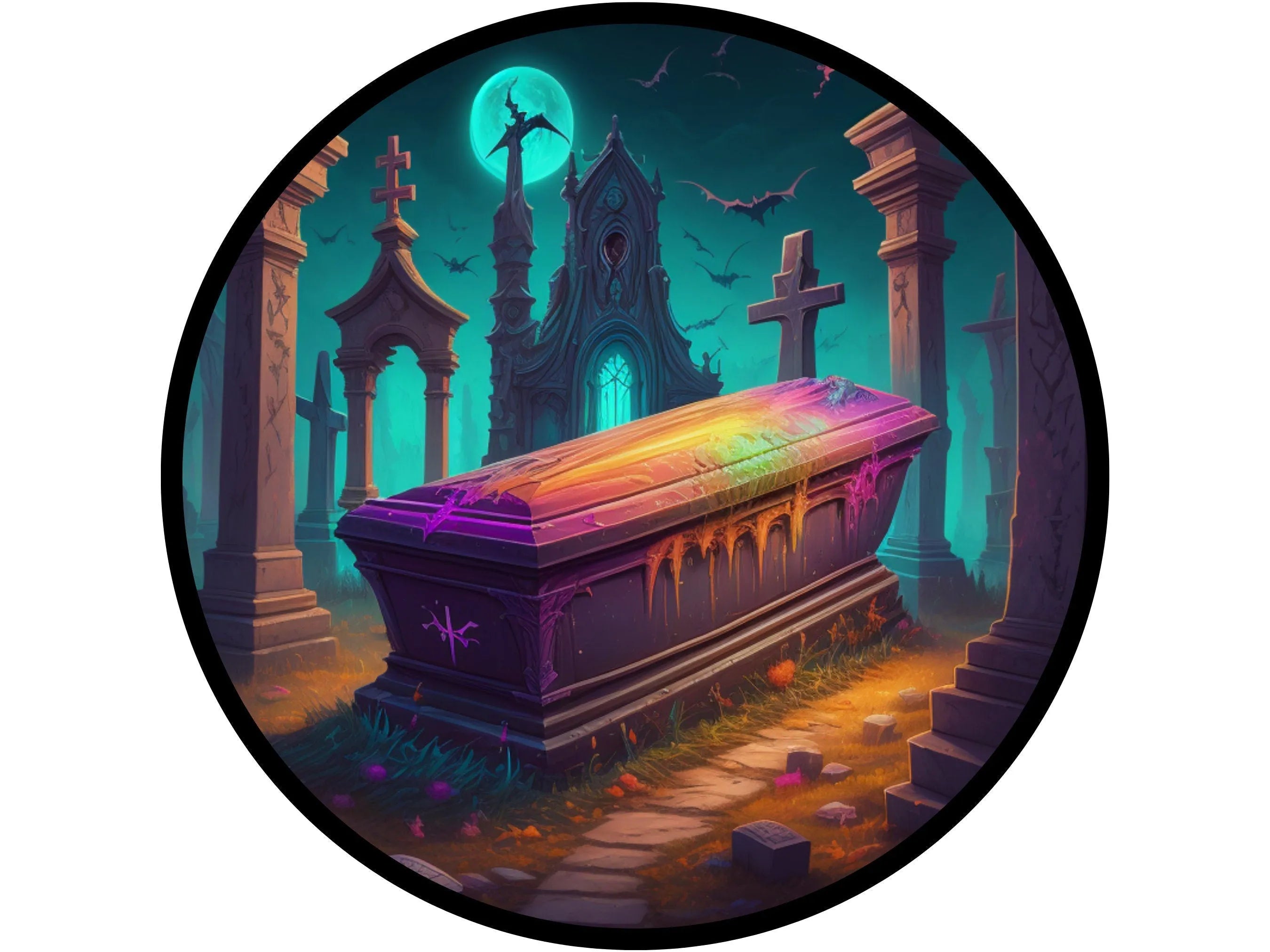 Ataúd futurista en un cementerio, letrero de corona, letrero para Halloween, letrero para octubre