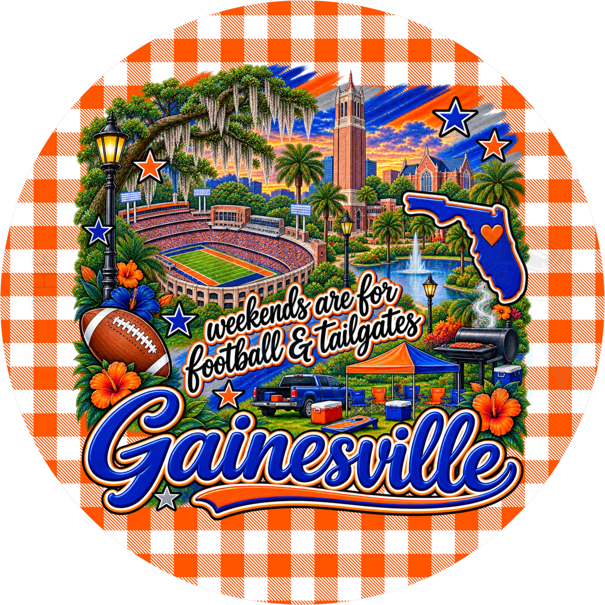 Gainesville football tailgate round wreath sign with orange gingham border, brick bell tower, palms, stadium, Florida state outline and hibiscus