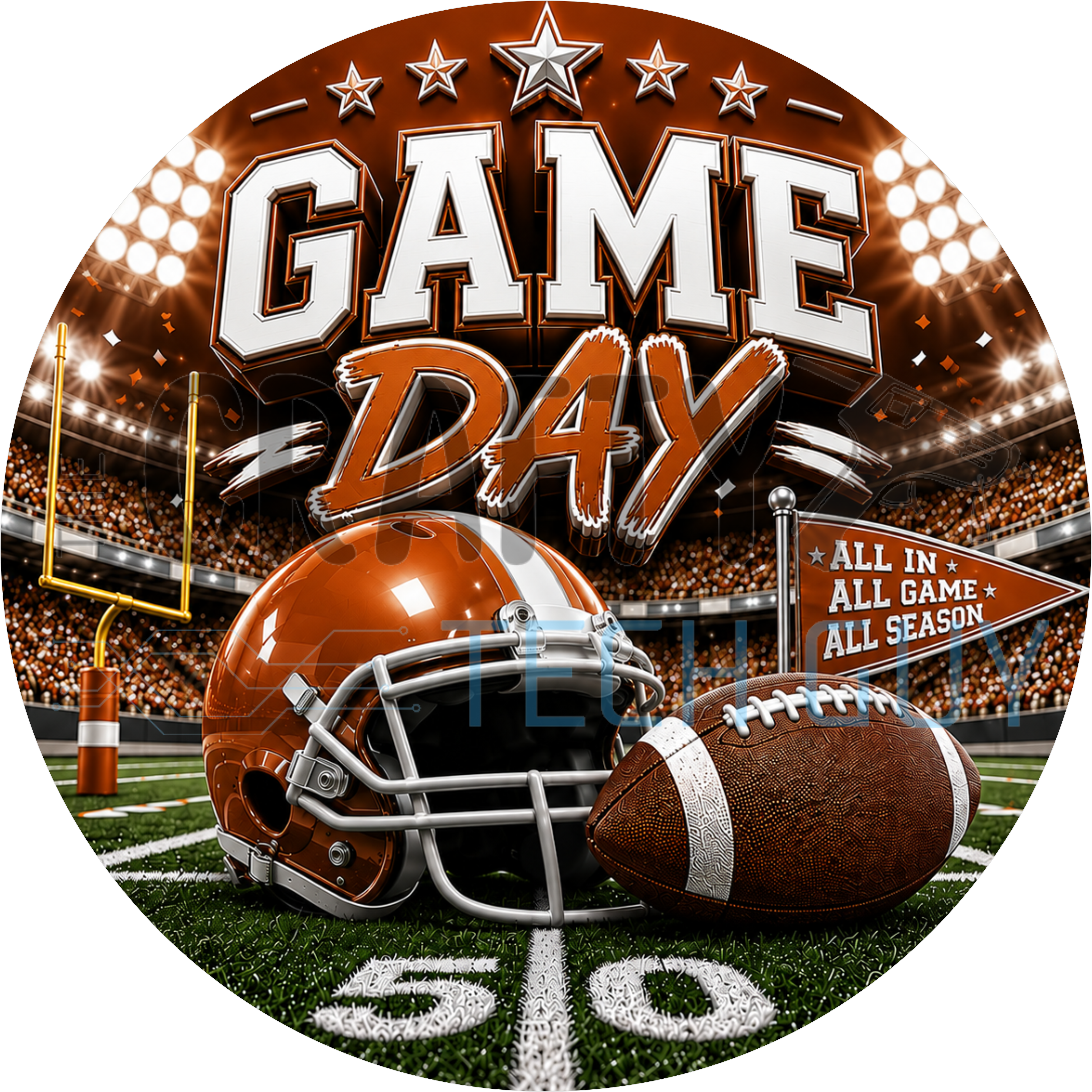Game day football round wreath sign in coated aluminum, showing a burnt orange and white team helmet on a bold striped background