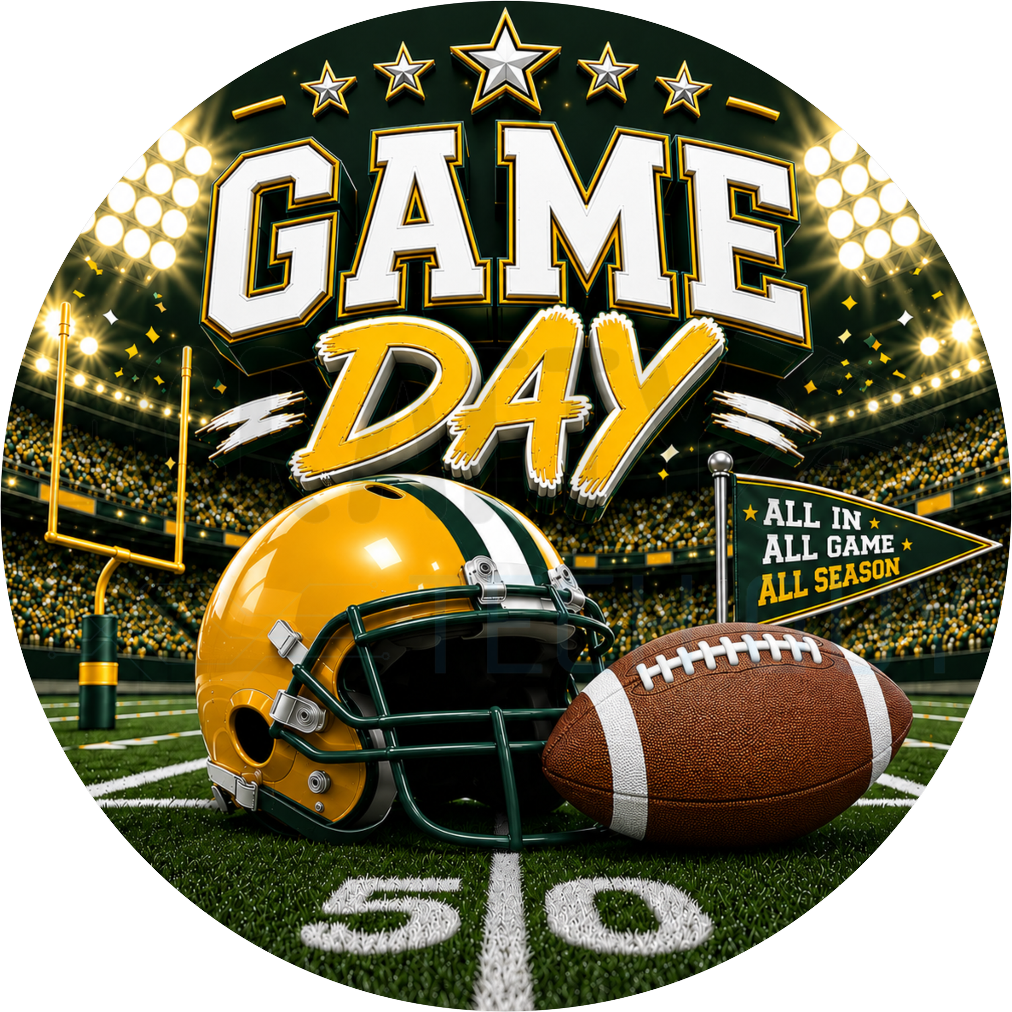 Game Day round wreath sign in green and gold coated aluminum showing a helmet, football on the field, goal posts, pennant and stadium lights