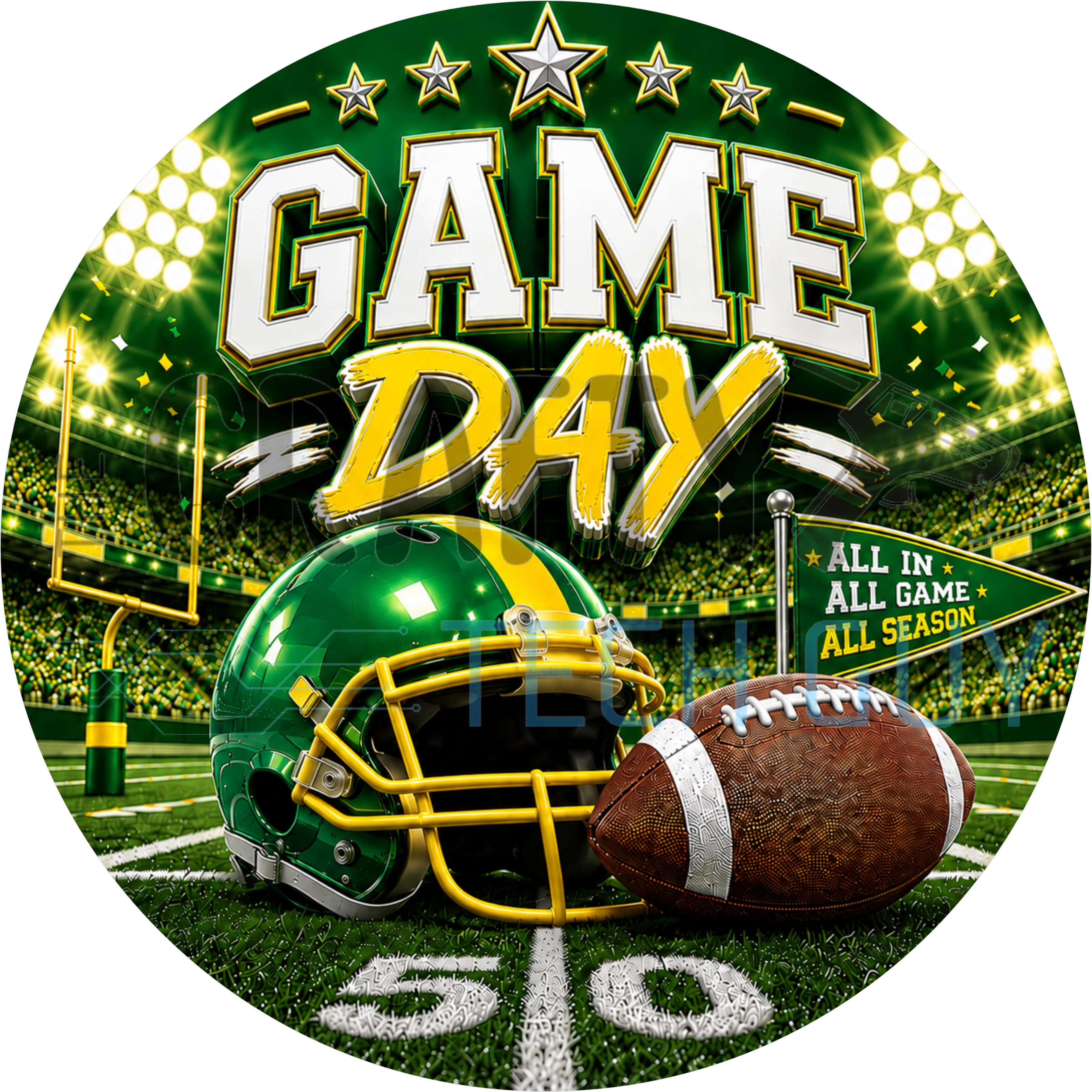 Game day football round wreath sign in coated aluminum, showing a green and gold team helmet on a bold striped background
