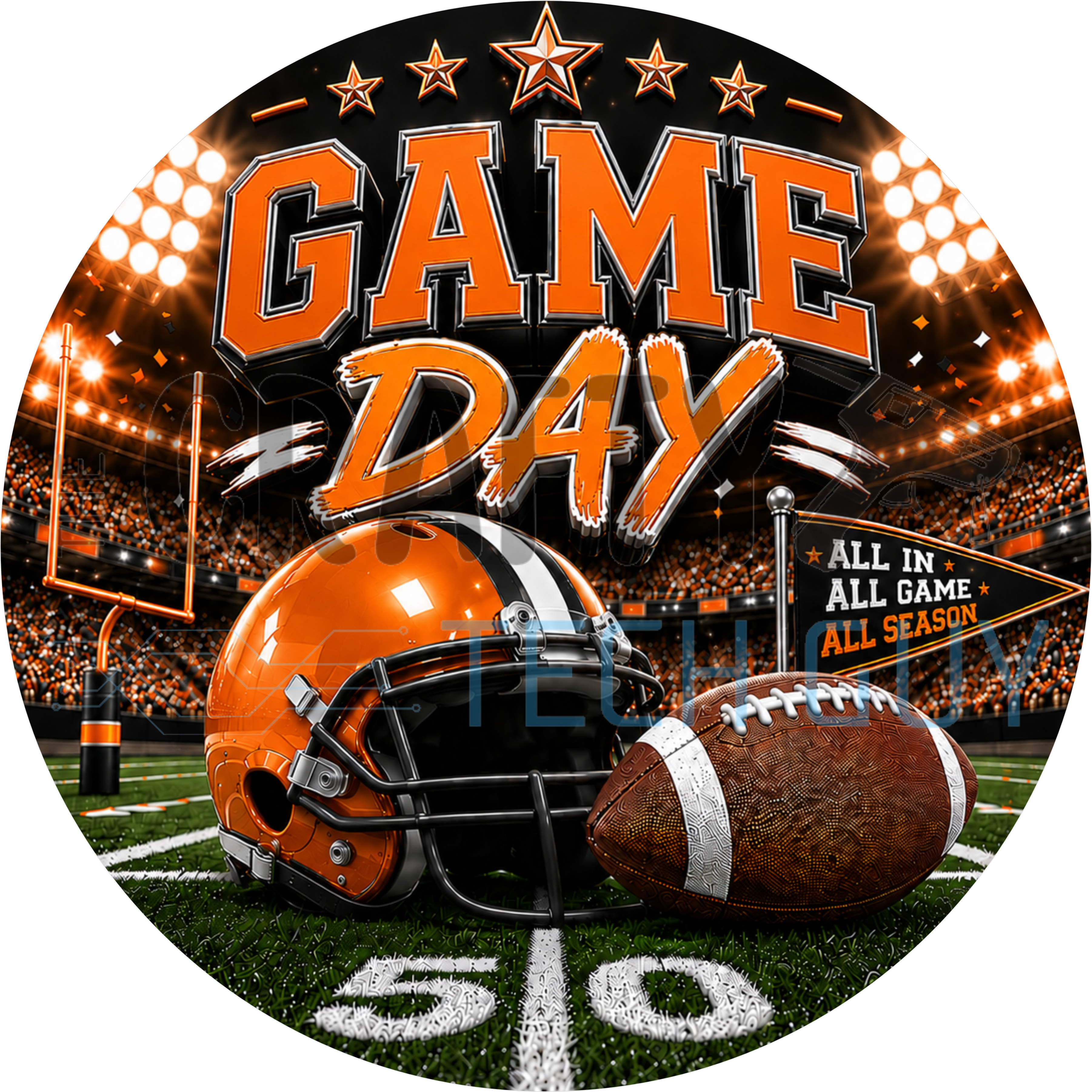 Game day football round wreath sign in coated aluminum, showing an orange, black and white team helmet on a bold striped background