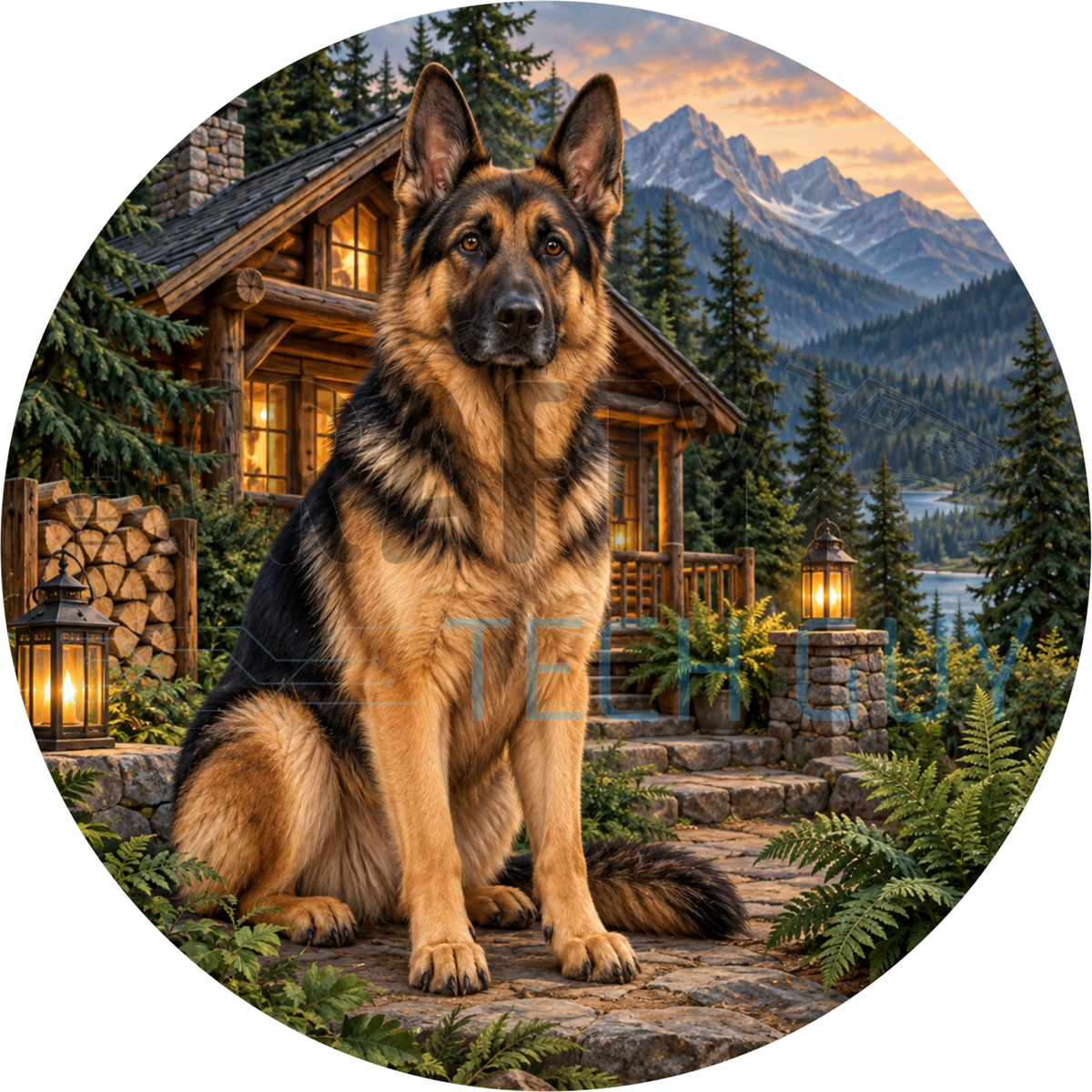 Black and tan German shepherd round wreath sign on a stone path outside a lit log cabin with lanterns and snow-capped mountains