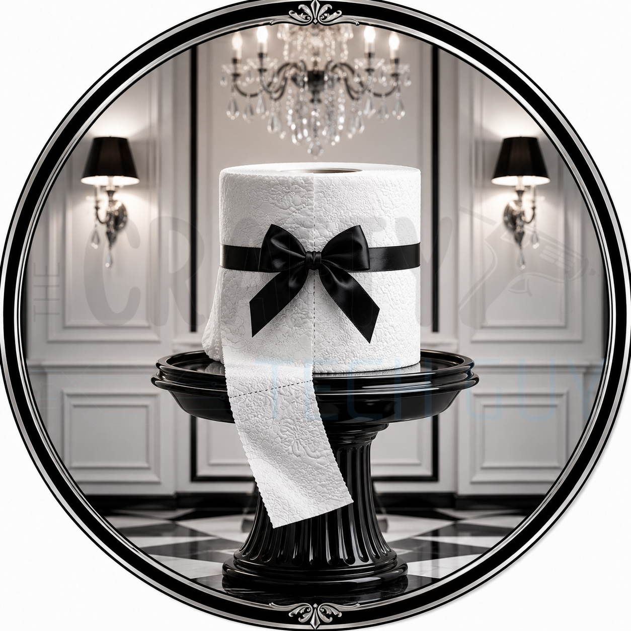Glam round bathroom wreath sign in coated aluminum, showing a toilet paper roll with a black satin bow on a pedestal under a crystal chandelier