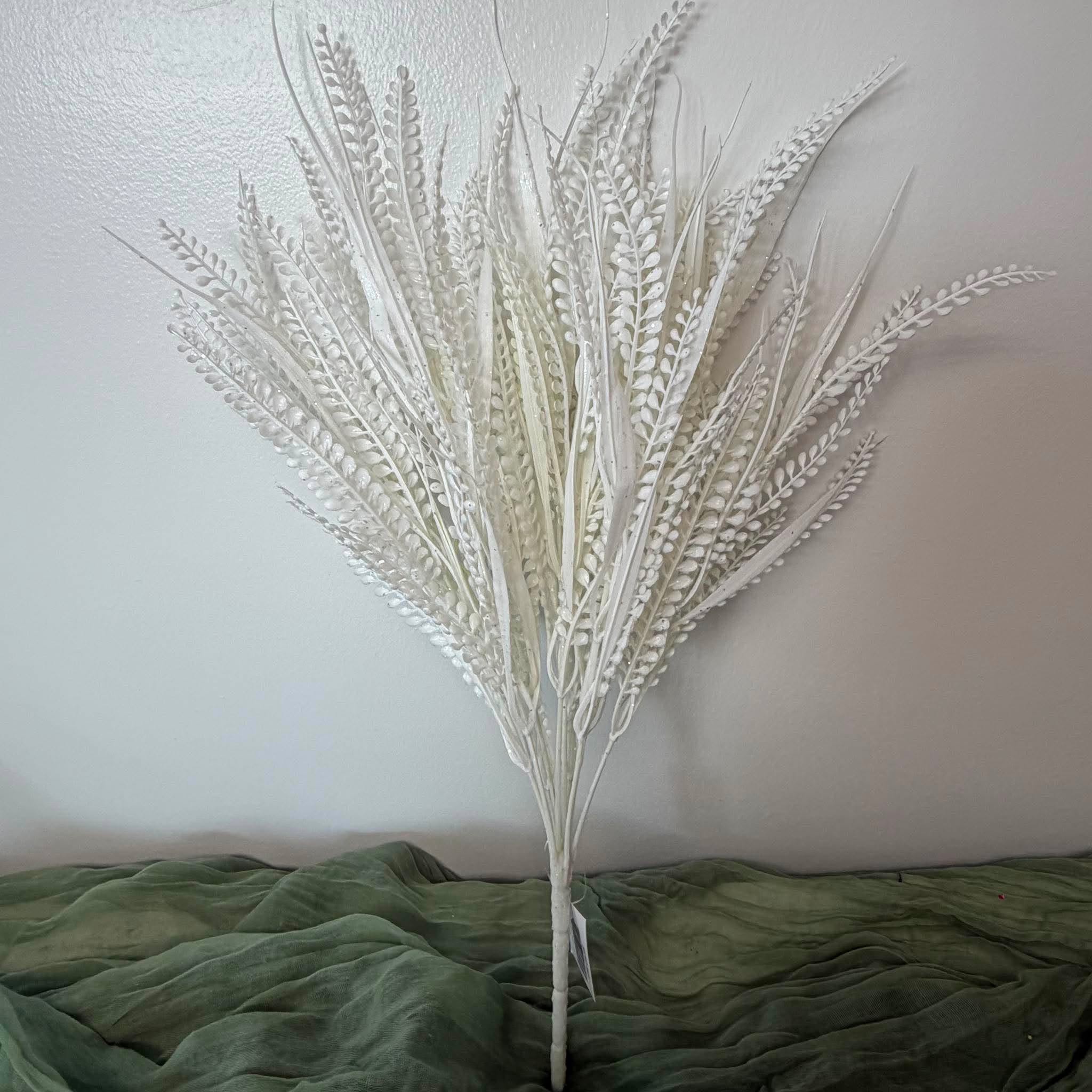 20 Inch White Glitter Artificial Fern Bush with Bead Grass for Winter Wreaths