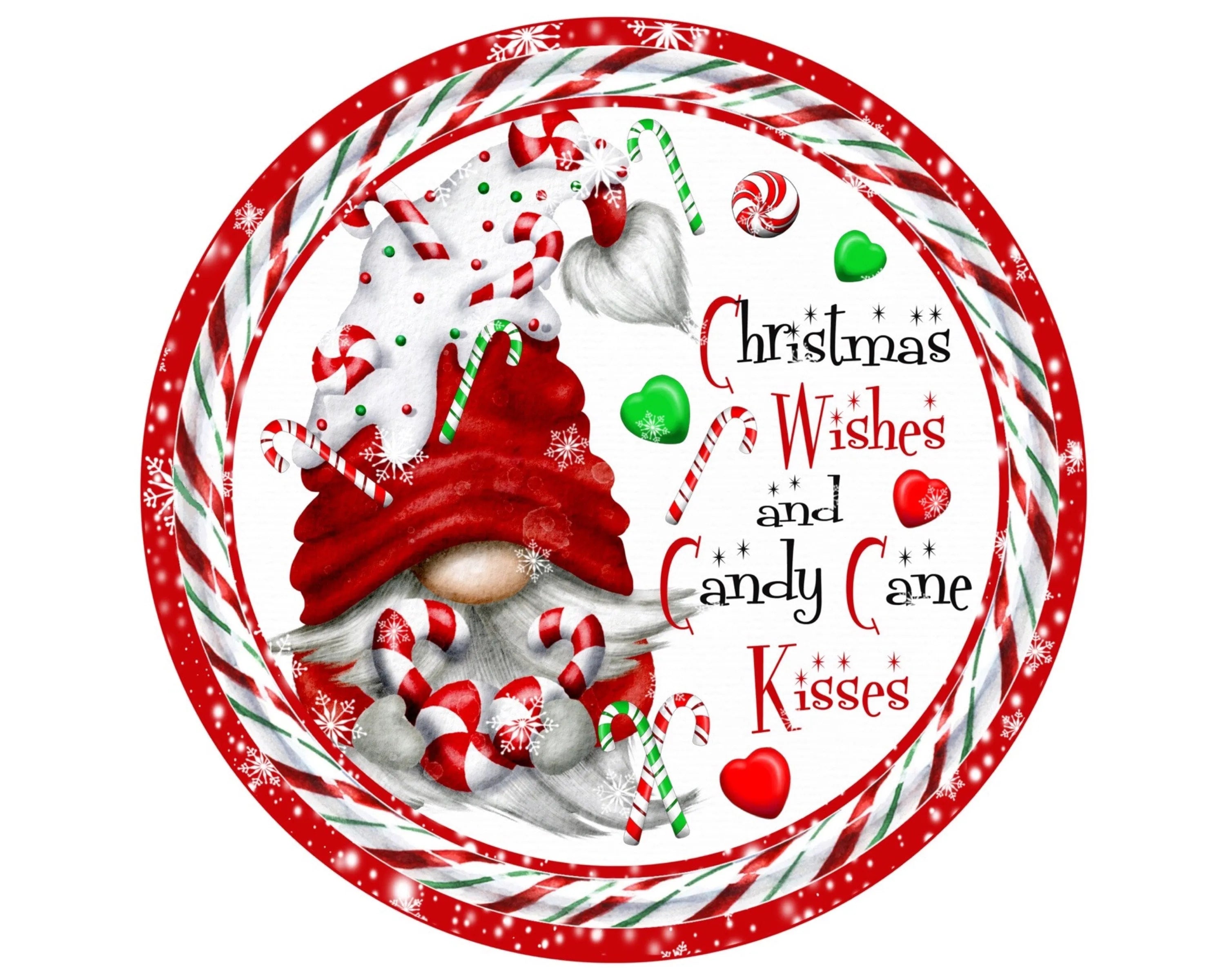 Letrero navideño de gnomo, corona navideña de gnomo, decoración de bastón de caramelo de gnomo, letrero de deseos navideños, letrero de besos de bastón de caramelo, letrero de gnomo