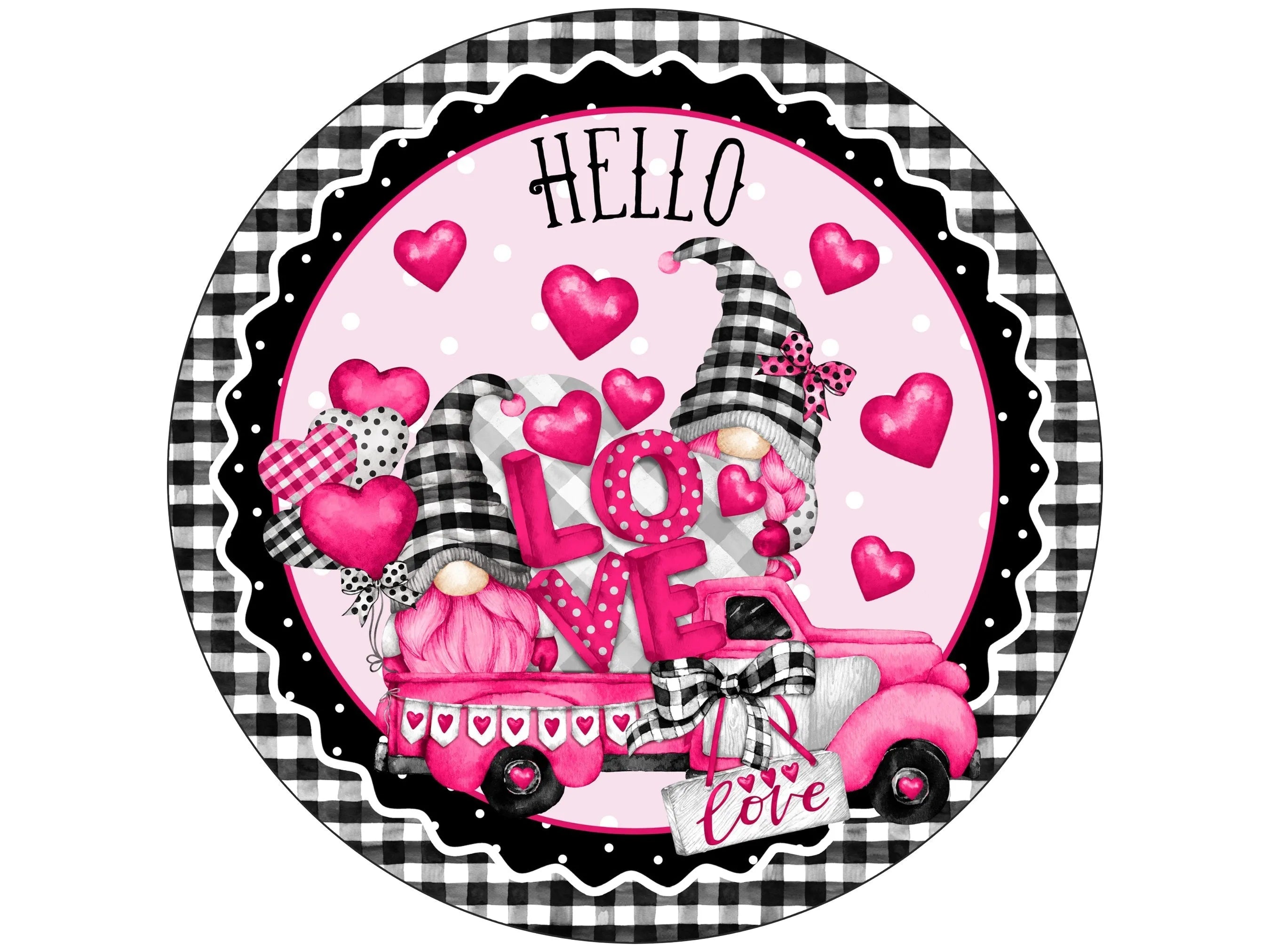 Pareja de gnomos con camión vintage rosa, letrero de corona de "Hola San Valentín", camión vintage rosa y arte de pared con corazones, camión antiguo rosa con gnomos con cuadros estilo búfalo