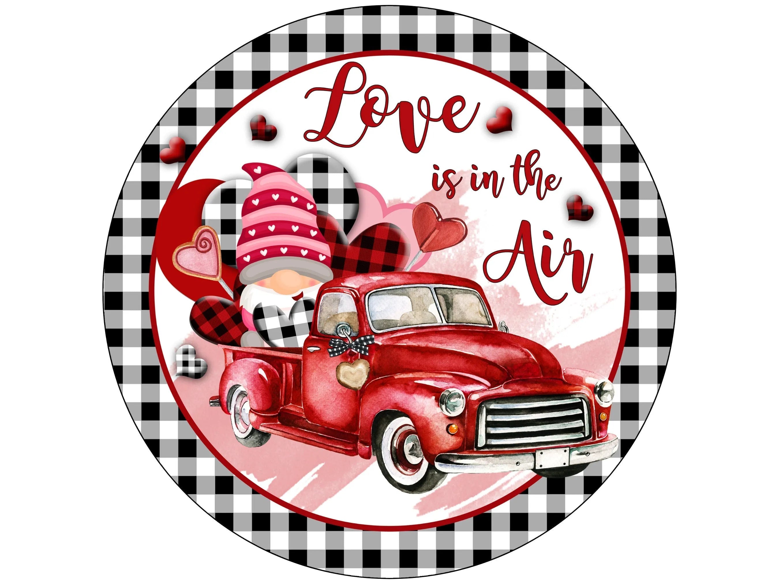 Pareja de gnomos con camión vintage rosa, letrero de corona de "Hola San Valentín", camión vintage rosa y arte de pared con corazones, camión antiguo rosa con gnomos con cuadros estilo búfalo