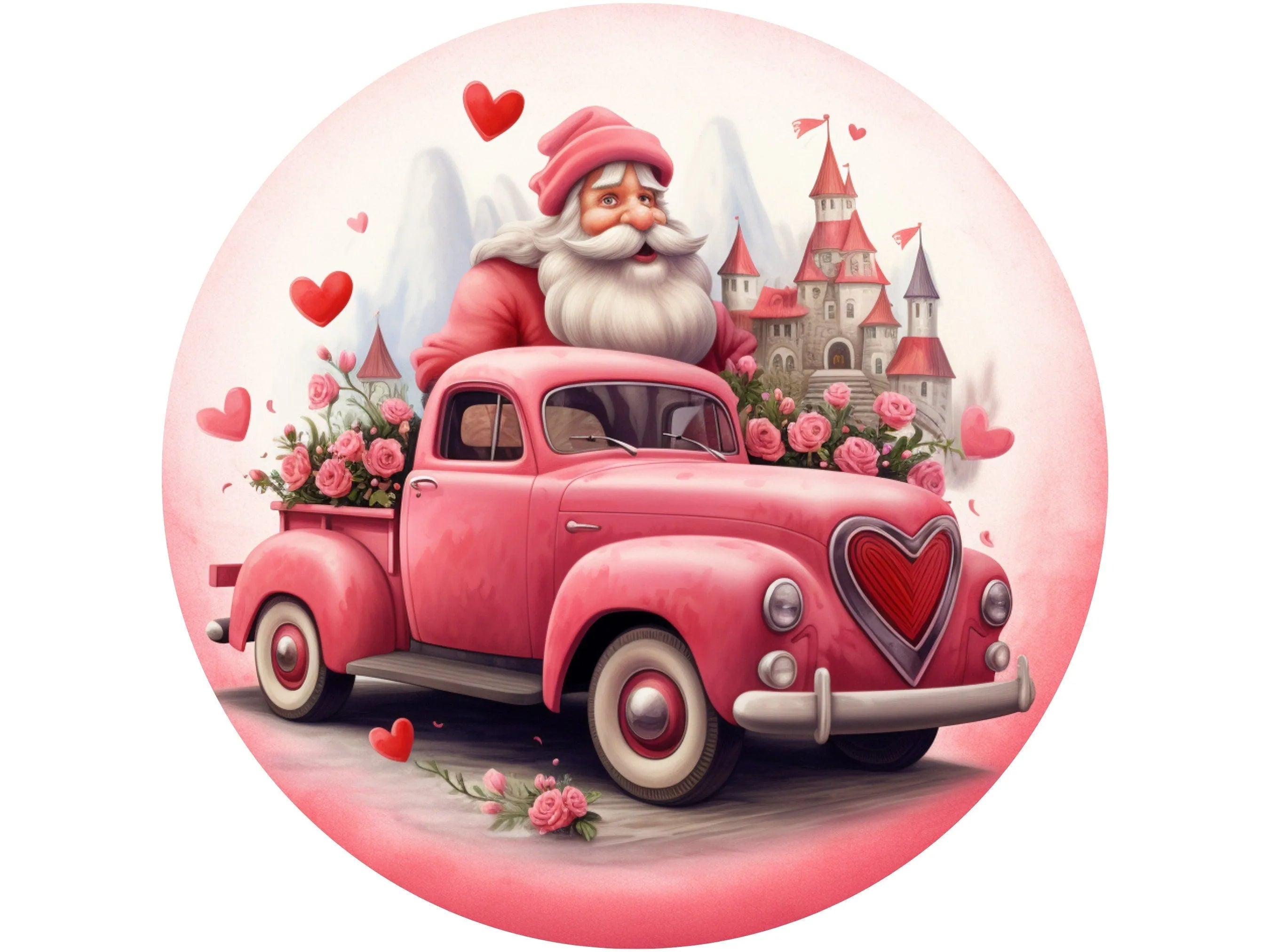 gnome in pink vintage truck Valentine's Day wreath sign, pink vintage truck and hearts wall art, vintage truck and castle wreath attachment