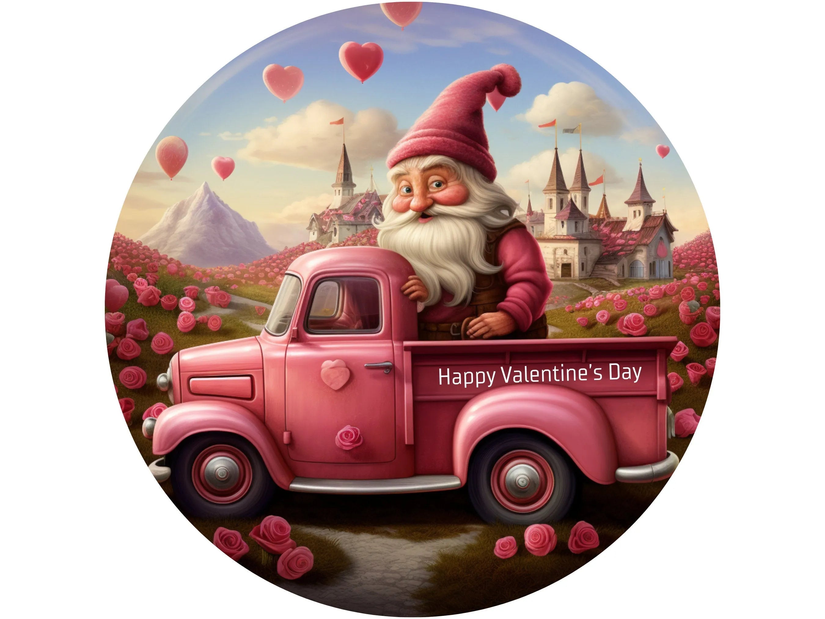gnome in pink vintage truck Valentine's Day wreath sign, pink vintage truck and hearts wall art, vintage truck and castle wreath attachment