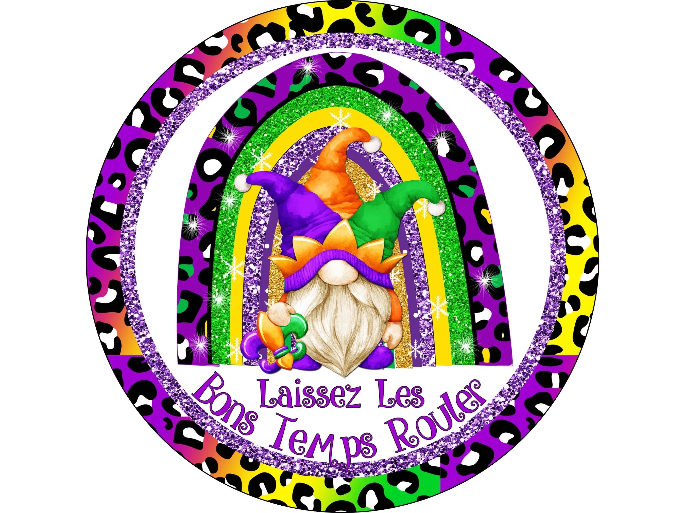 Letrero de corona con estampado animal de gnomo para Mardi Gras, accesorio de corona con estampado de leopardo con gesto de gnomo, letrero festivo y glamoroso de Mardi Gras