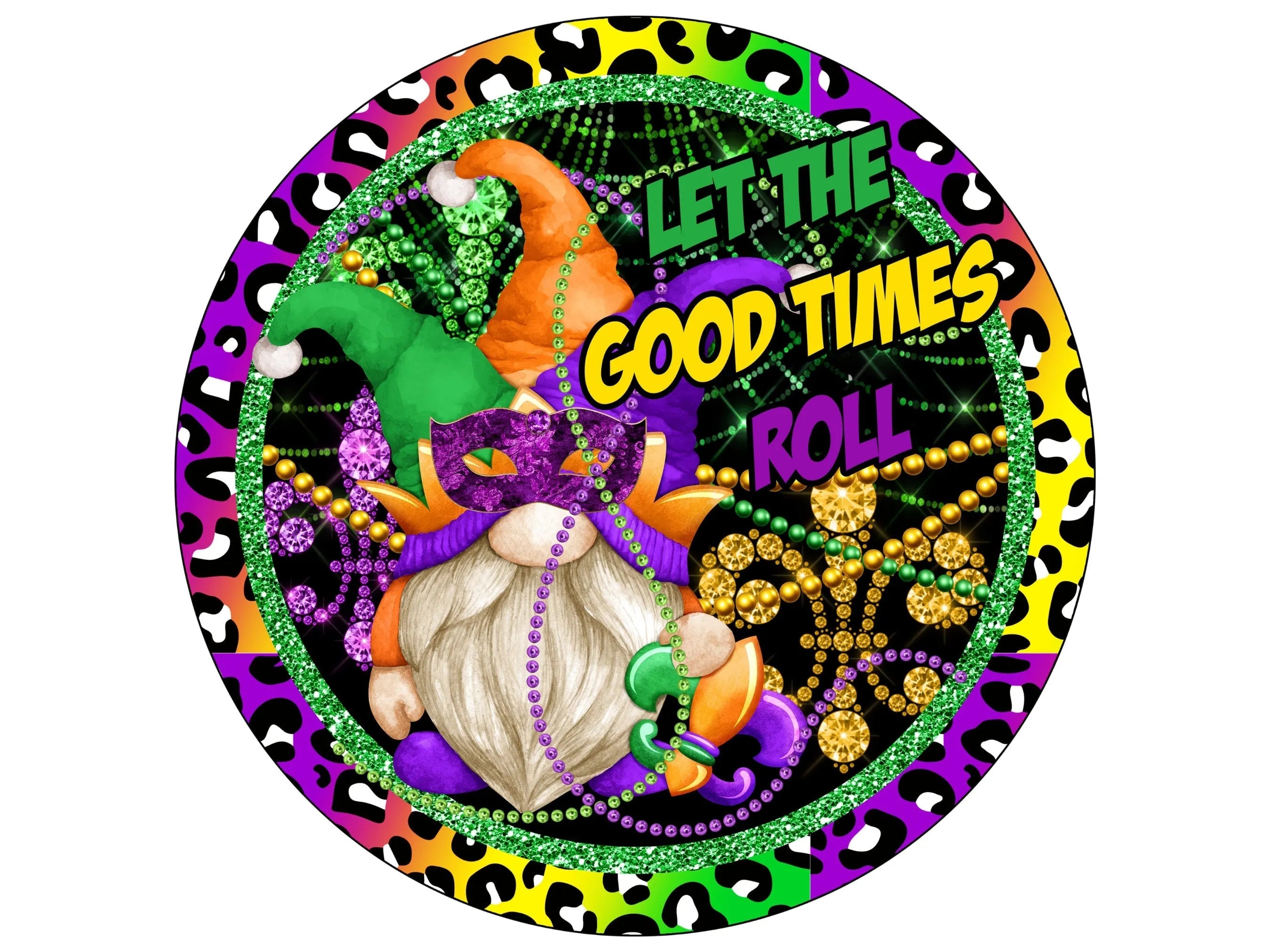 Letrero de corona con estampado animal de gnomo para Mardi Gras, accesorio de corona con estampado de leopardo con gesto de gnomo, letrero festivo y glamoroso de Mardi Gras