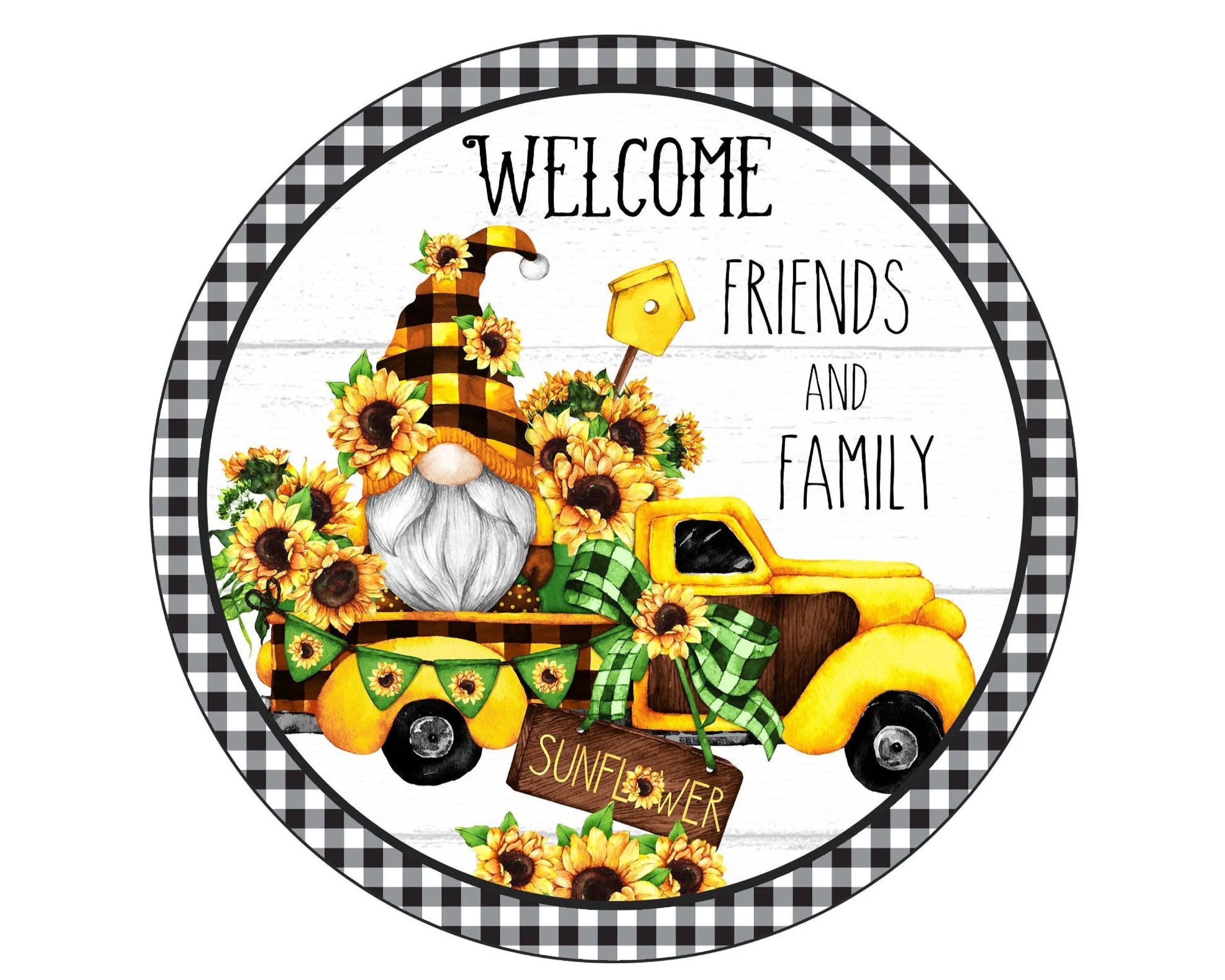 Letrero de corona de girasol de gnomo, decoración de camión vintage, letrero de corona de gnomo de granja, decoración de cuadros escoceses, decoración de casa de pájaros, coleccionista de girasoles