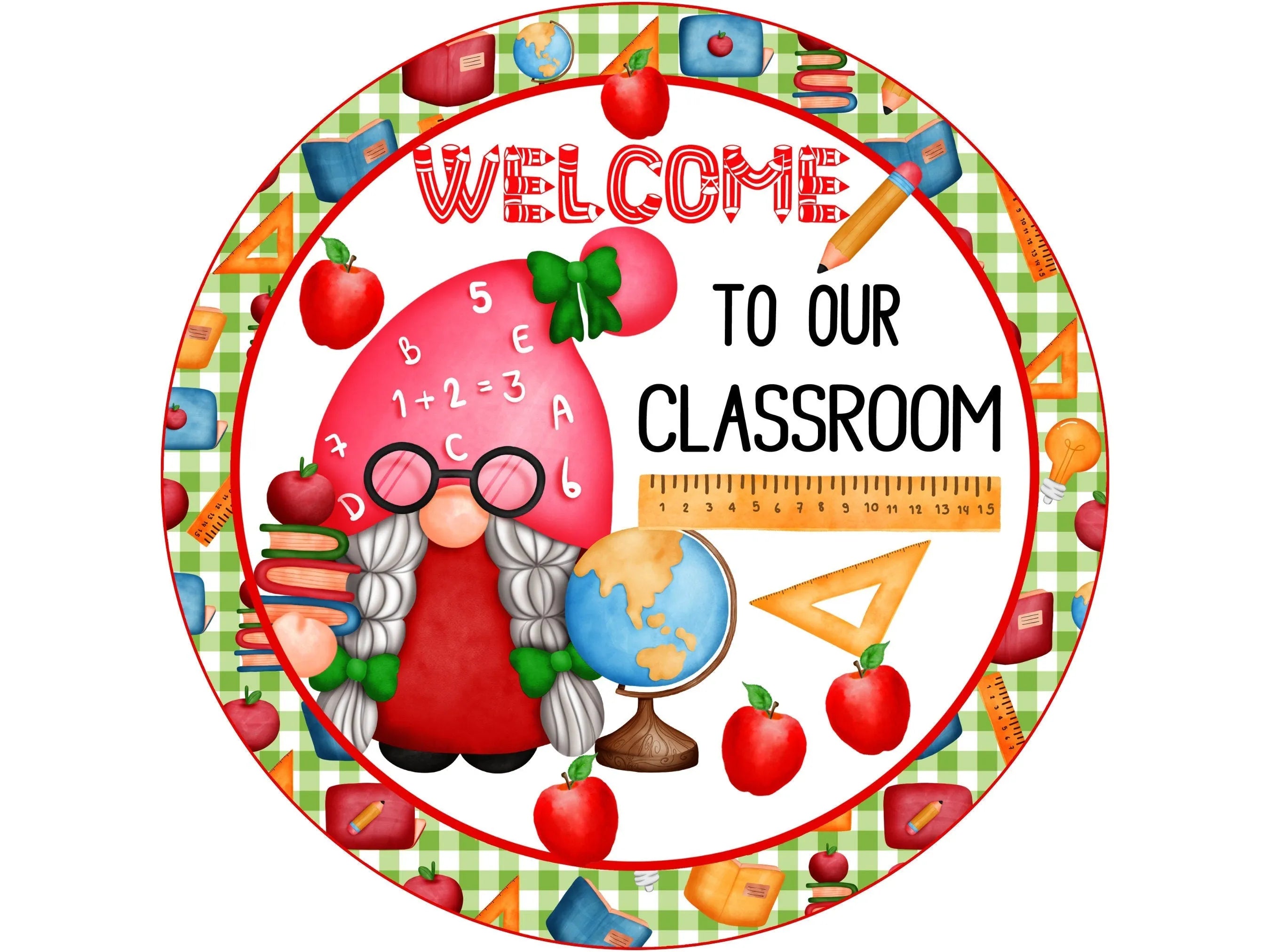 Letrero de corona de bienvenida a mi aula con texto en inglés "Gnome Teacher Welcome to my Classroom", letrero para educación, letrero para maestro, letrero de corona para aula