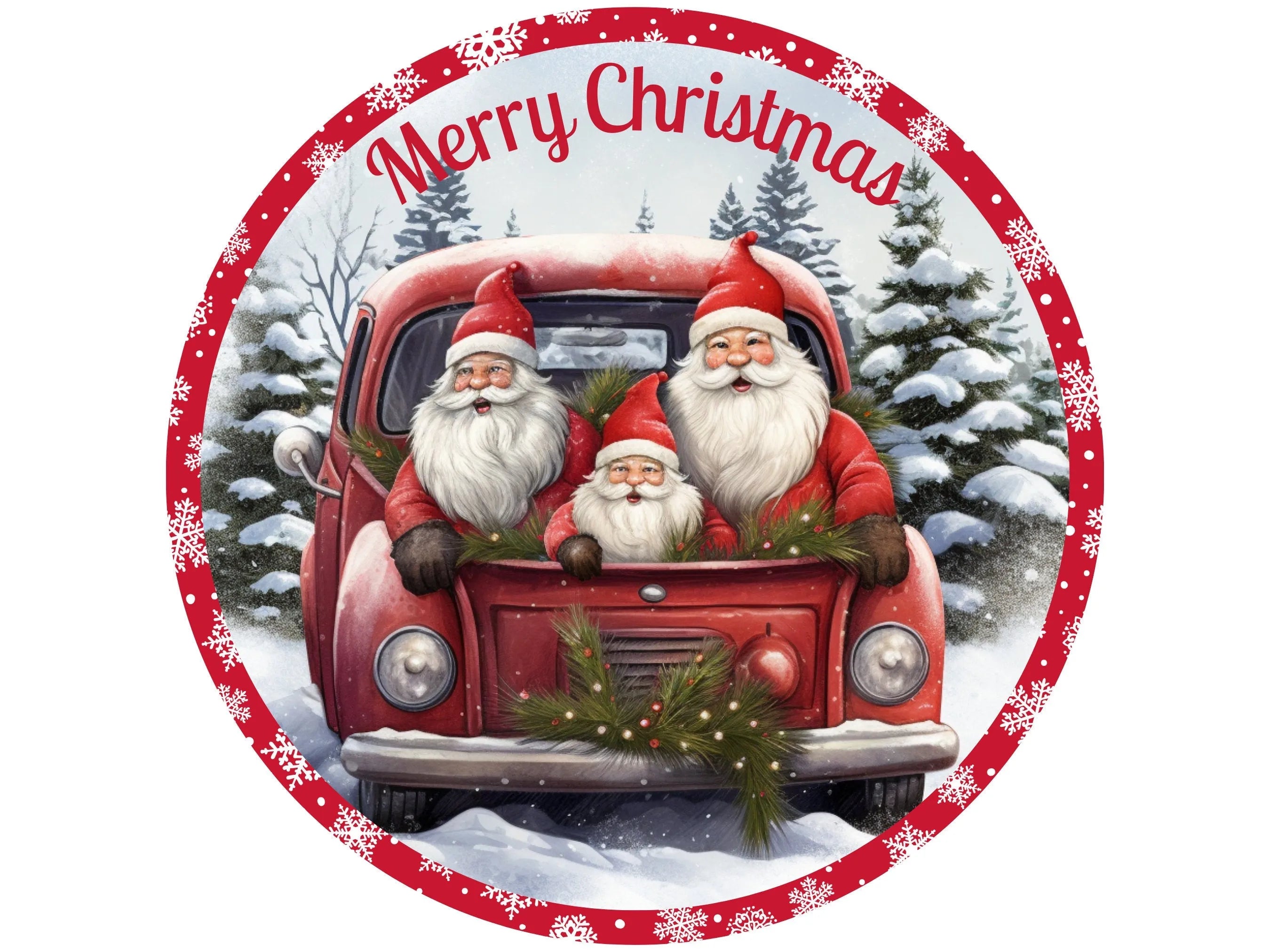 Gnome vintage red antique truck with pine and berries Merry Christmas wreath sign, sign for Christmas, sign for December