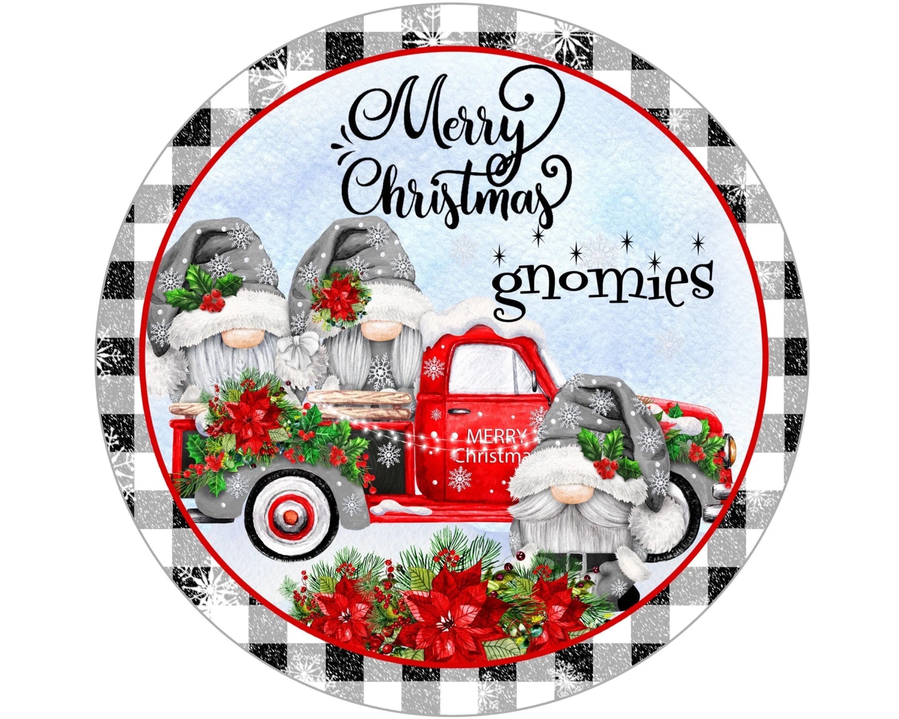 Letrero de corona navideña con diseño de camión vintage de gnomo, corona navideña con flor de Pascua roja de la familia de gnomos, arte de pared con camión antiguo rojo