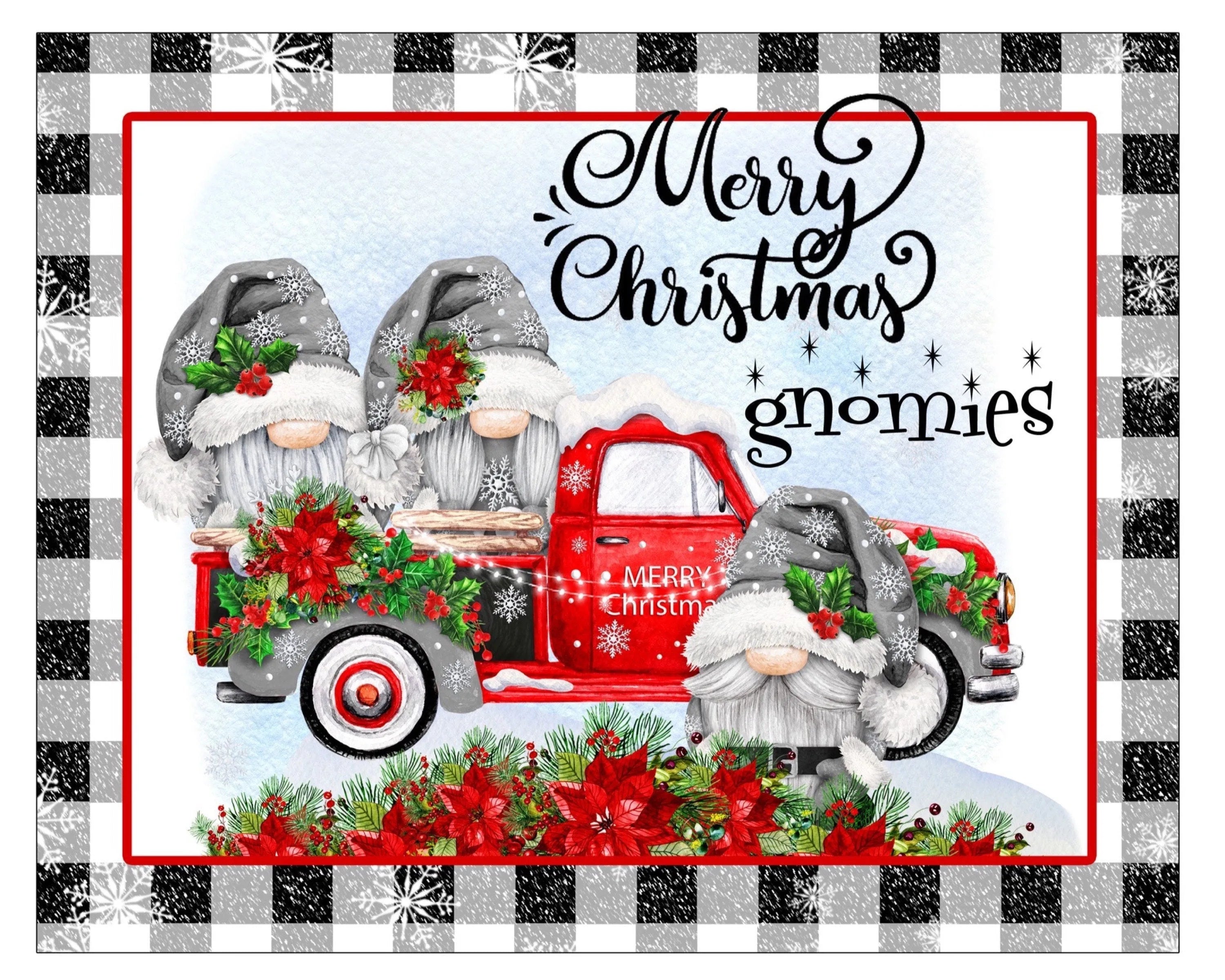 Letrero de corona navideña con diseño de camión vintage de gnomo, corona navideña con flor de Pascua roja de la familia de gnomos, arte de pared con camión antiguo rojo