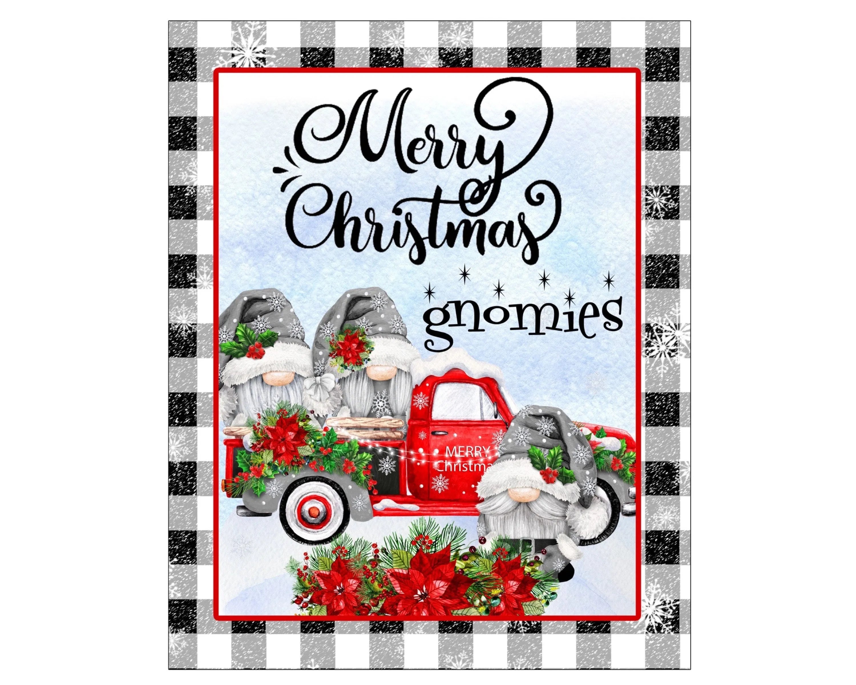 Letrero de corona navideña con diseño de camión vintage de gnomo, corona navideña con flor de Pascua roja de la familia de gnomos, arte de pared con camión antiguo rojo