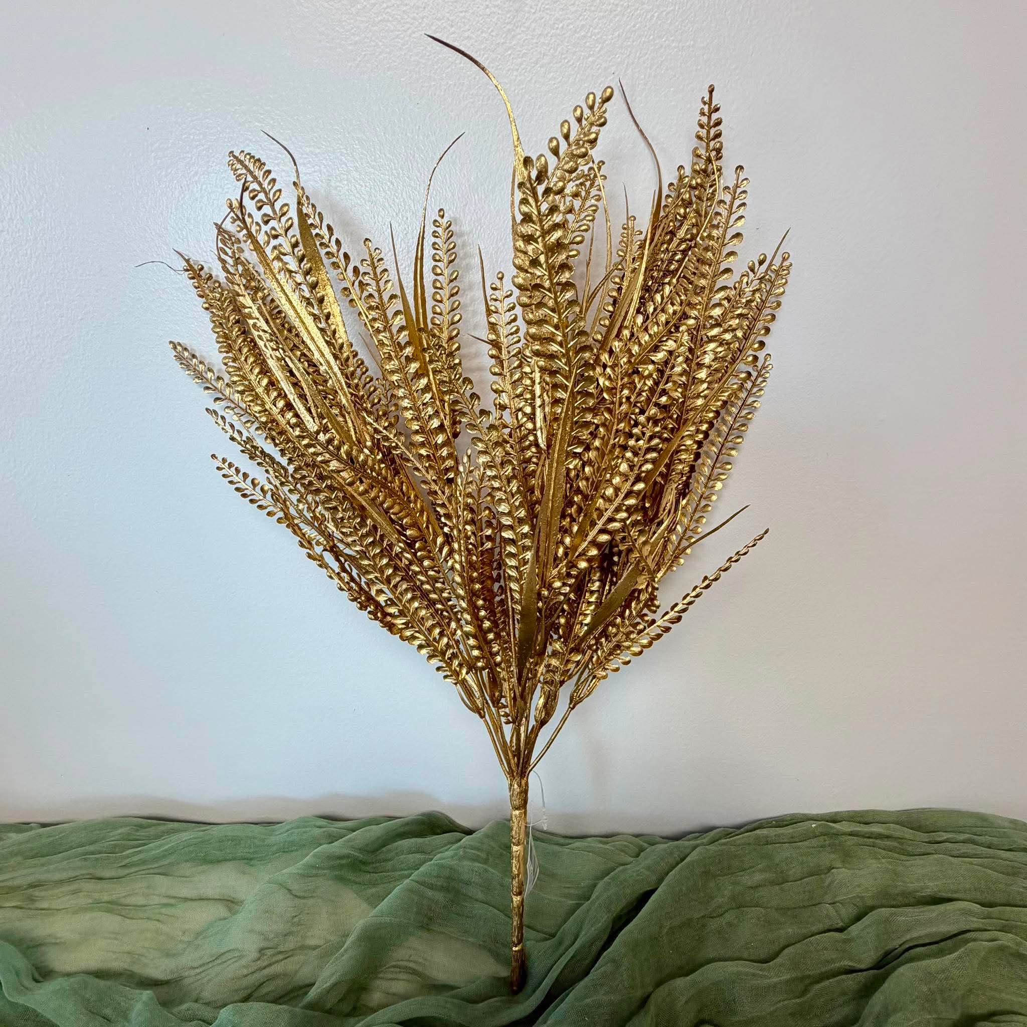 20 Inch Gold Metallic Artificial Fern Bush with Bead Grass Sprigs