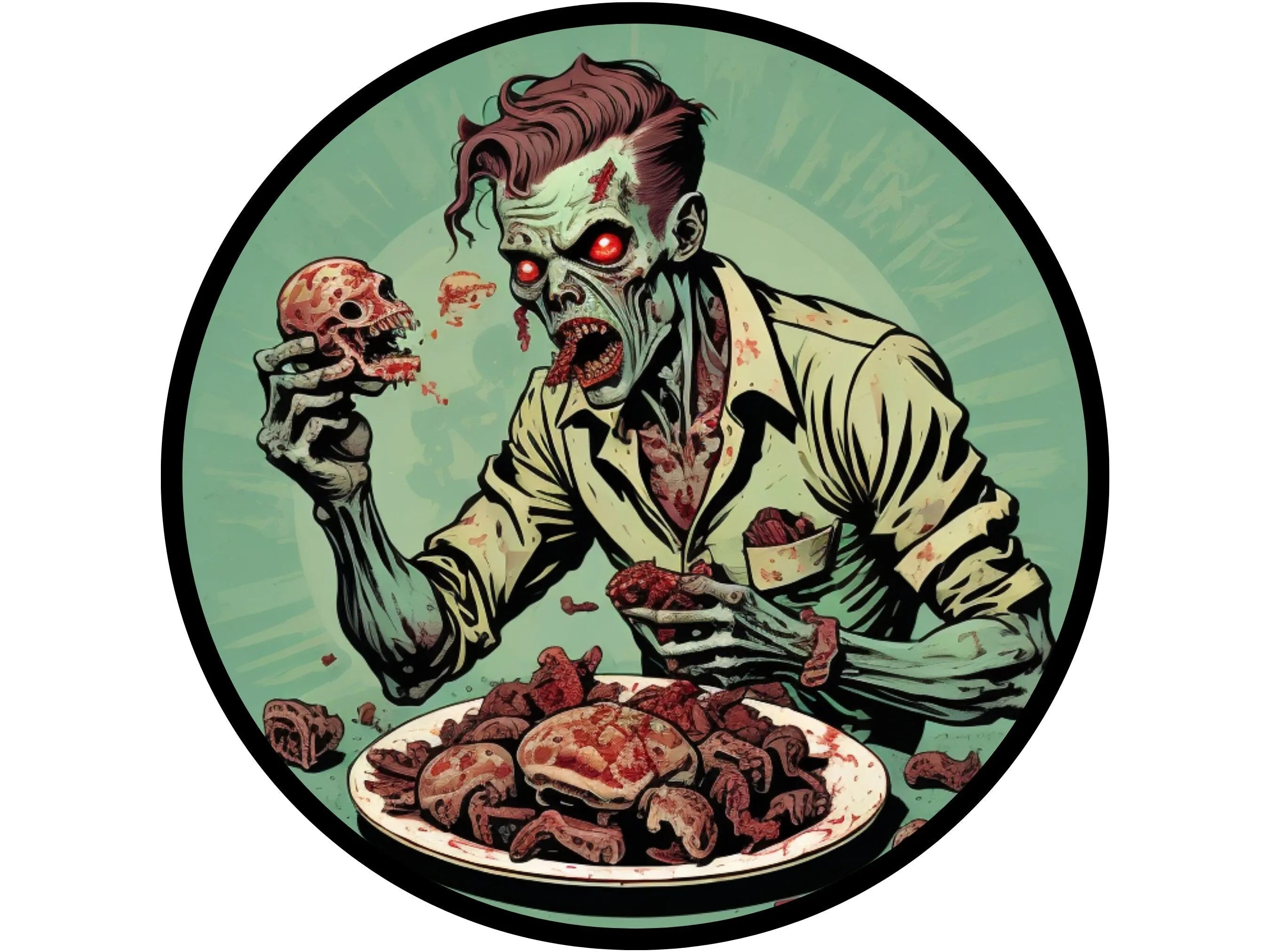 gothic scary vintage zombie eating brains wreath sign, sign for Halloween, sign for October