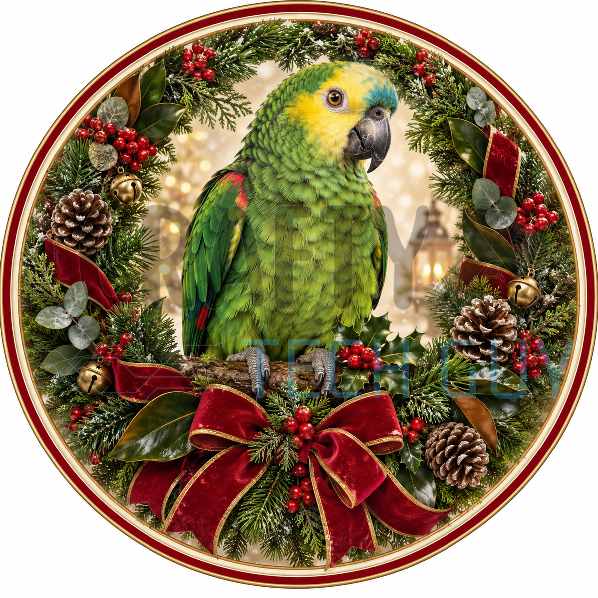 Green Amazon parrot round wreath sign centered in an evergreen Christmas wreath with a red velvet bow, holly berries, pinecones and gold jingle bells
