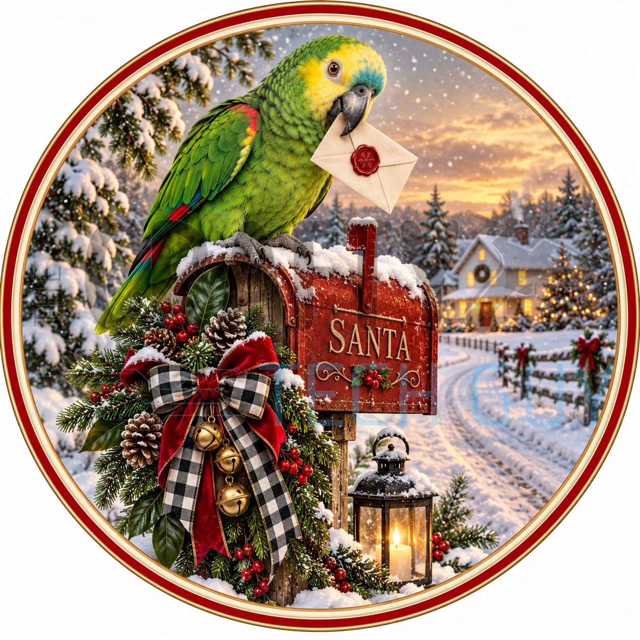 Green Amazon parrot round wreath sign perched on a red Santa mailbox holding a letter, with a buffalo check bow, gold jingle bells, pinecones and a snowy cottage lane