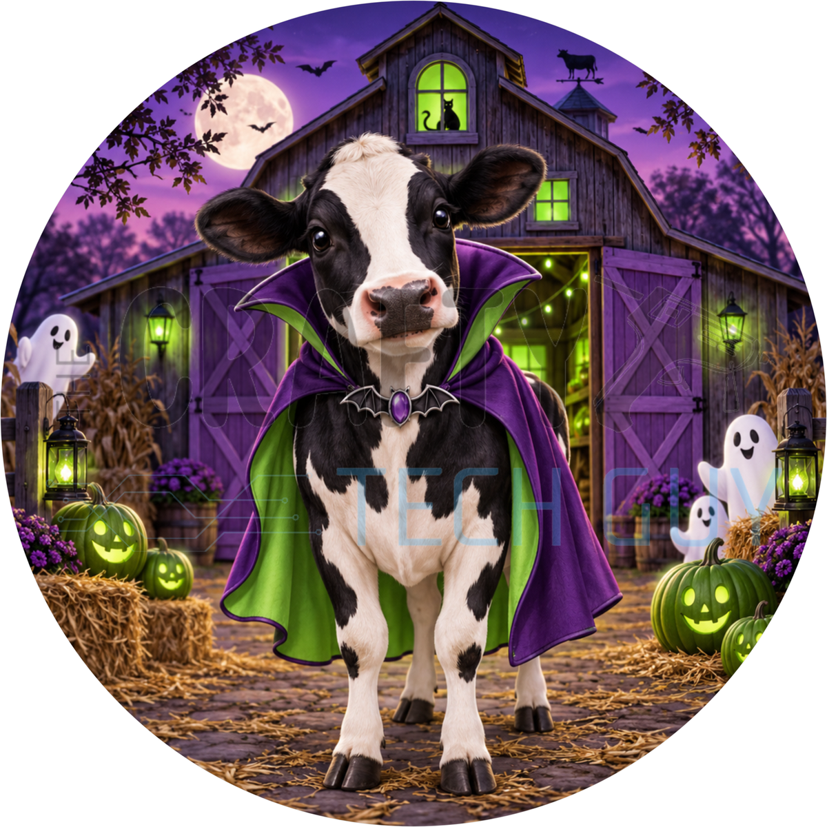 Round Halloween wreath sign of a Holstein cow in a purple and green vampire cape in front of a haunted purple barn with ghosts and pumpkins