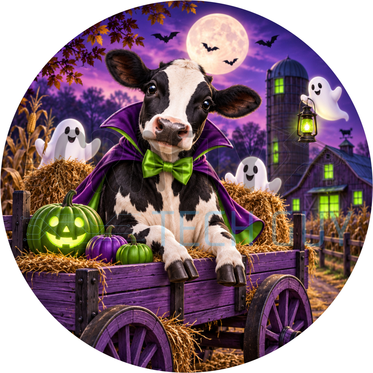 Round Halloween wreath sign of a vampire cow with a green bow tie sitting in a purple hay wagon with ghosts, pumpkins and a full moon
