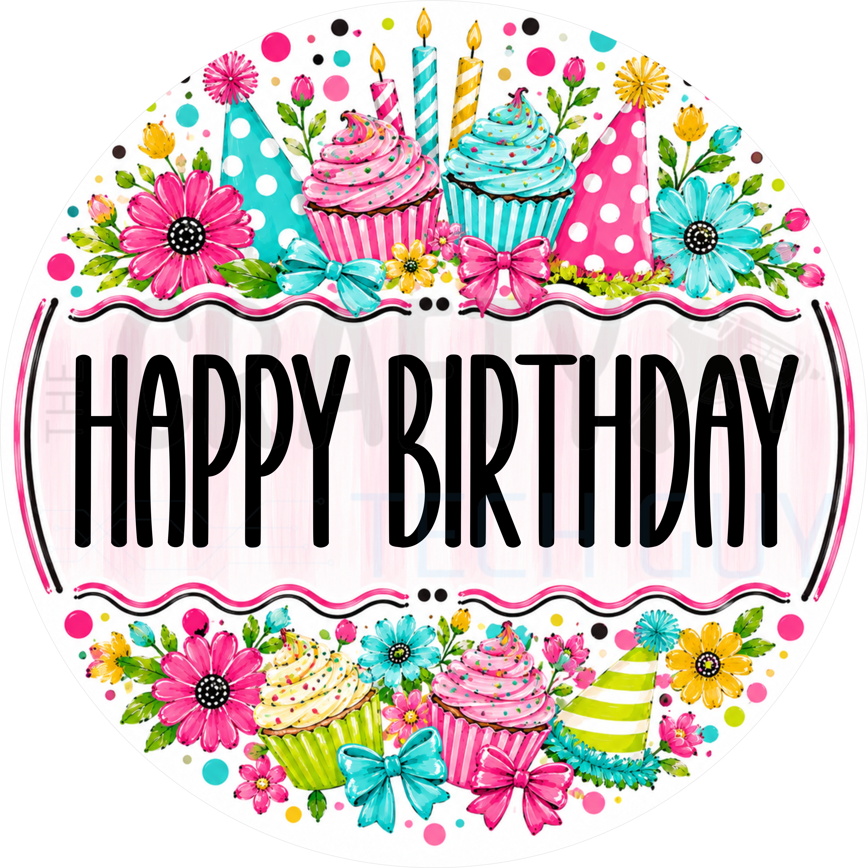 Happy Birthday round wreath sign in coated aluminum, showing painted cupcakes, lit candles and party hats around a blush striped panel with black lettering