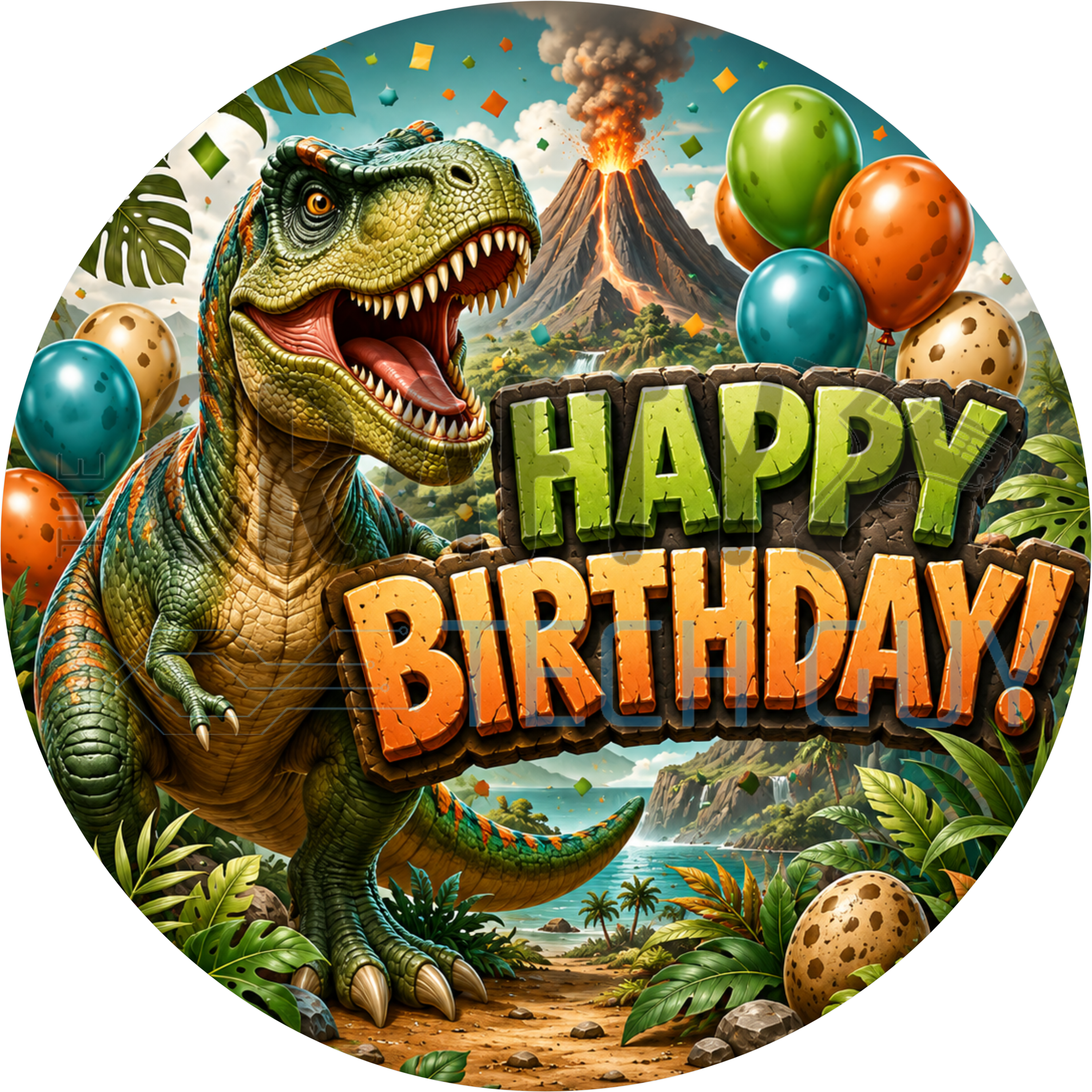 Happy Birthday round wreath sign in coated aluminum, showing a green T-rex among jungle ferns with a smoking volcano