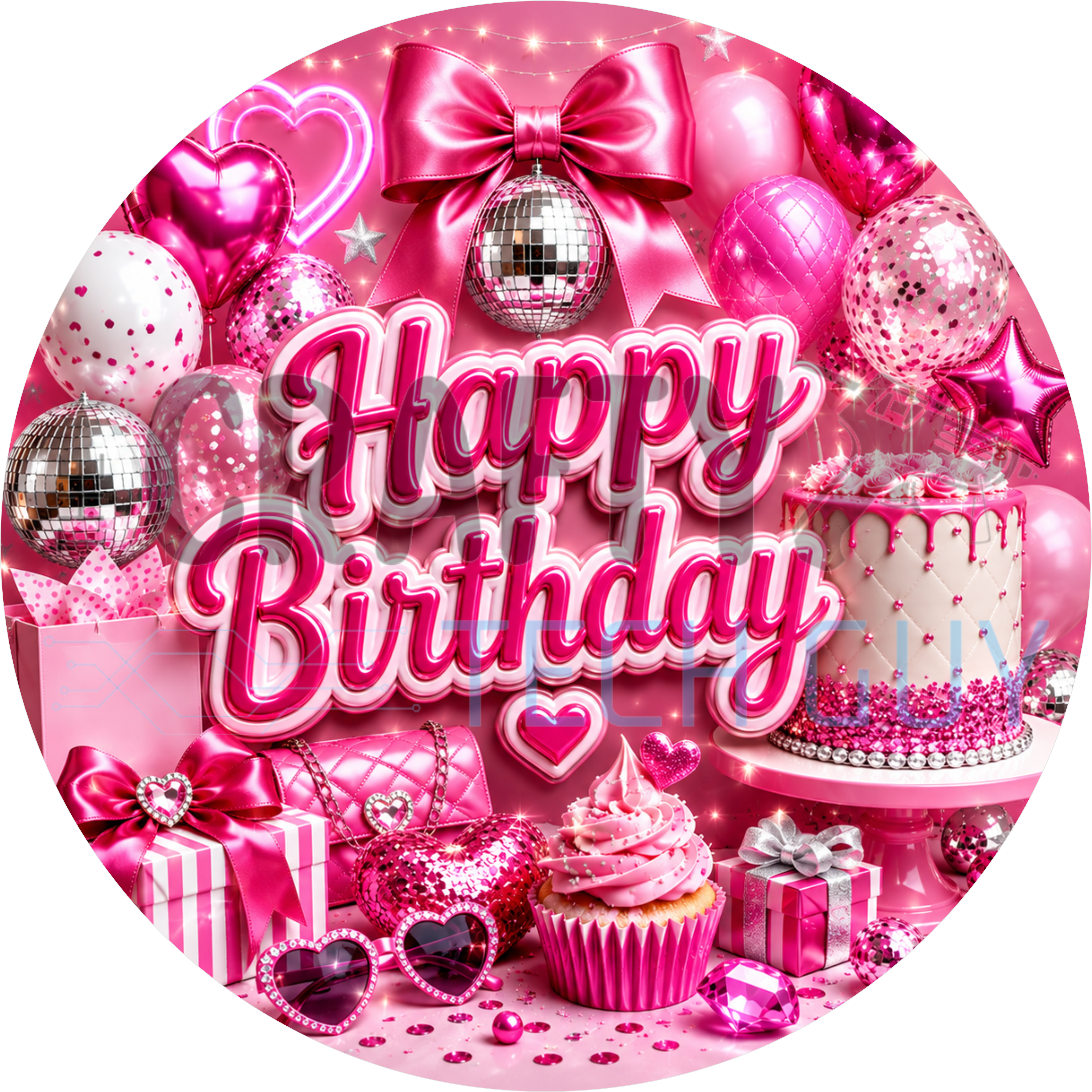Happy Birthday round wreath sign in coated aluminum, showing a mirrored disco ball with stars and sparkle on hot pink
