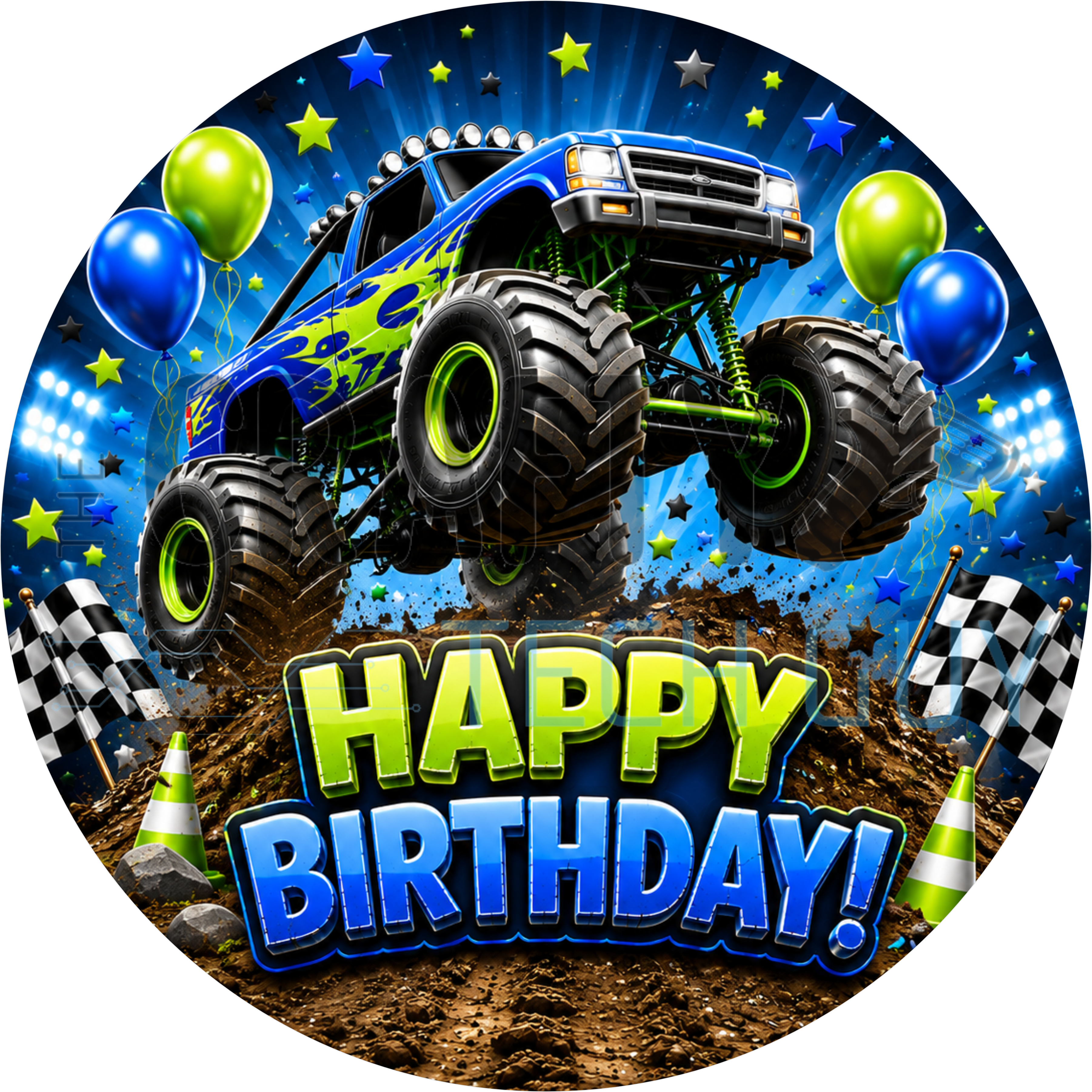 Happy Birthday round wreath sign in coated aluminum, showing a monster truck jumping over mud with a checkered flag