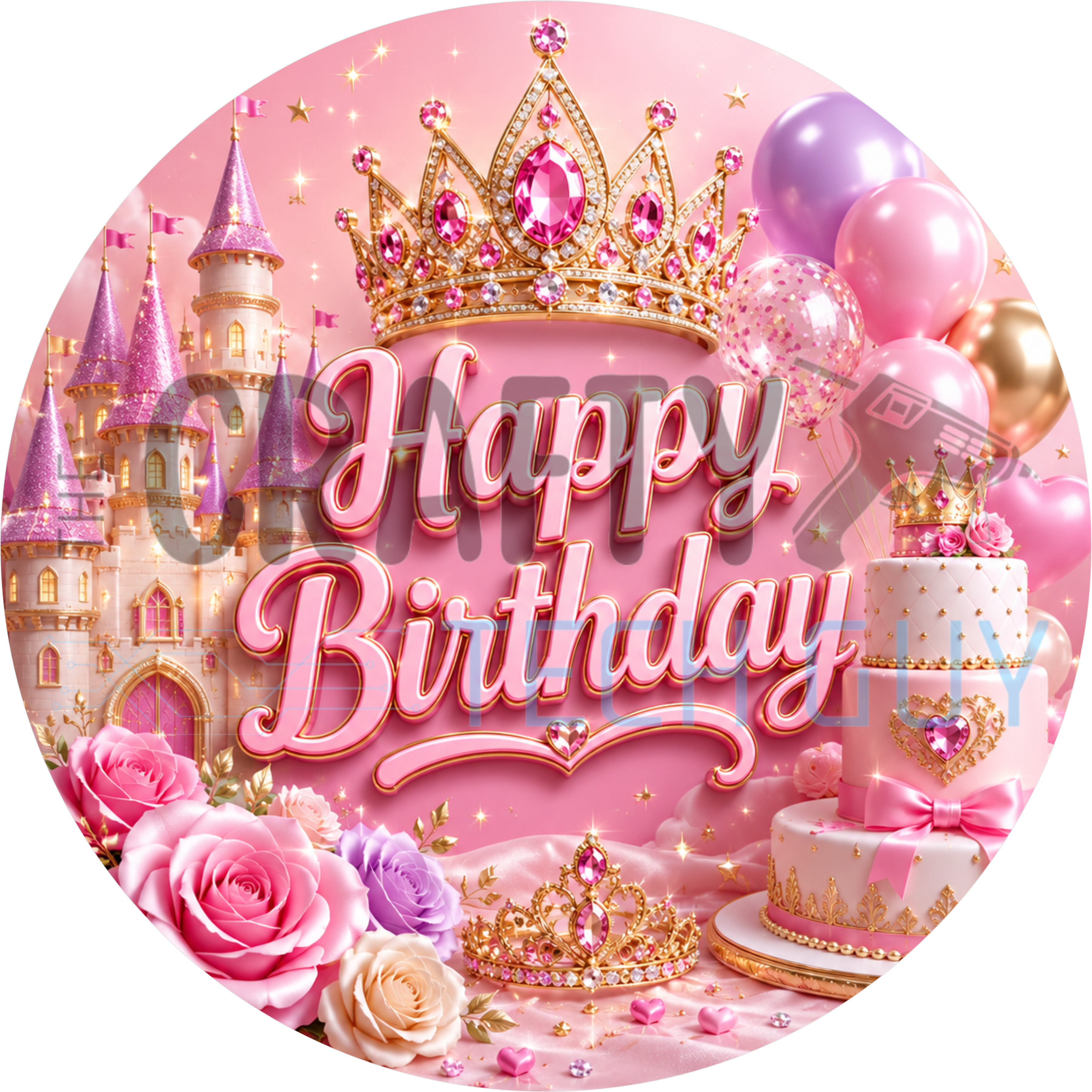 Happy Birthday round wreath sign in coated aluminum, showing a gold crown above a pink fairytale castle with sparkling stars