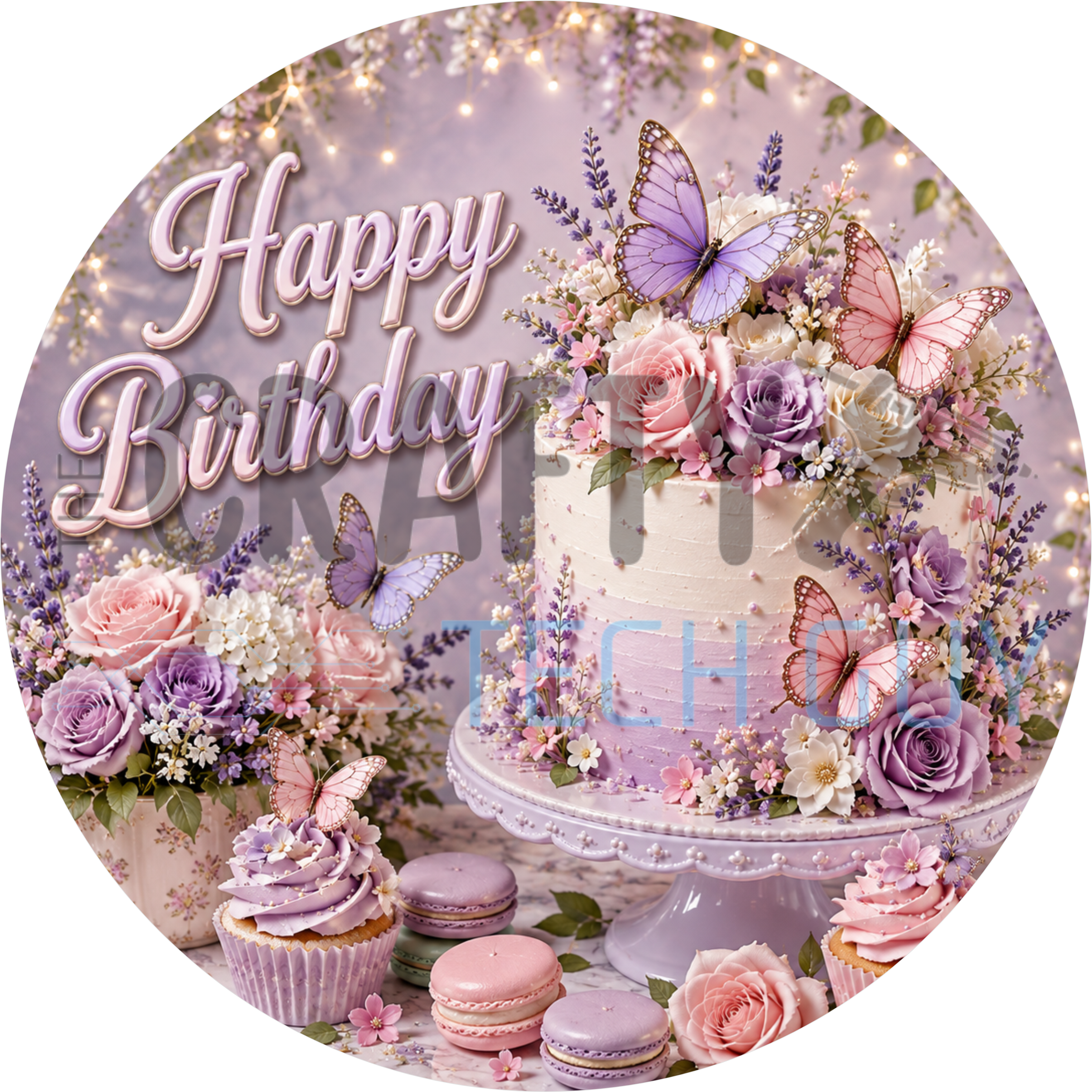 Happy Birthday round wreath sign in coated aluminum, showing purple butterflies around a floral cake with macarons