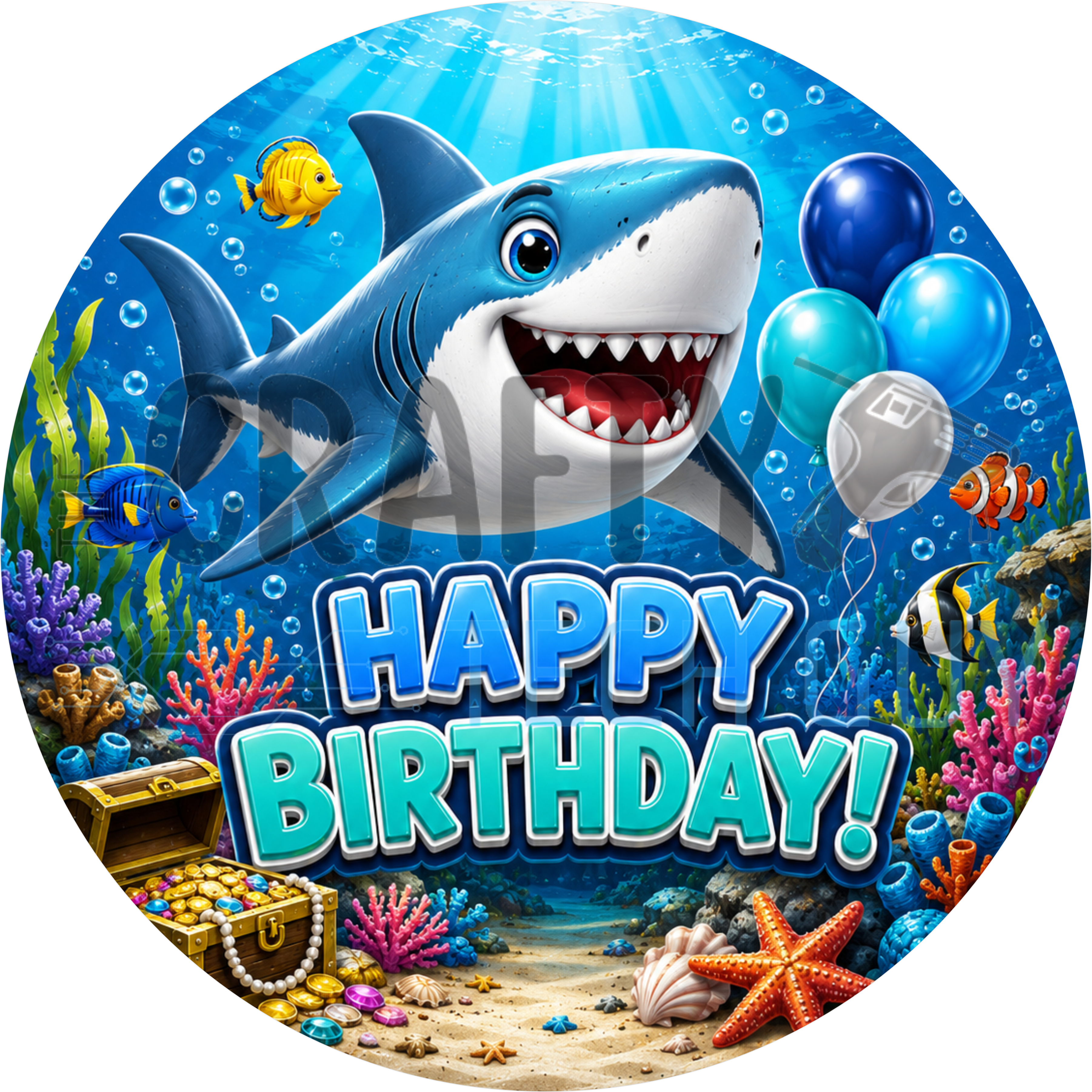 Happy Birthday round wreath sign in coated aluminum, showing a gray shark on a coral reef with tropical fish and bubbles