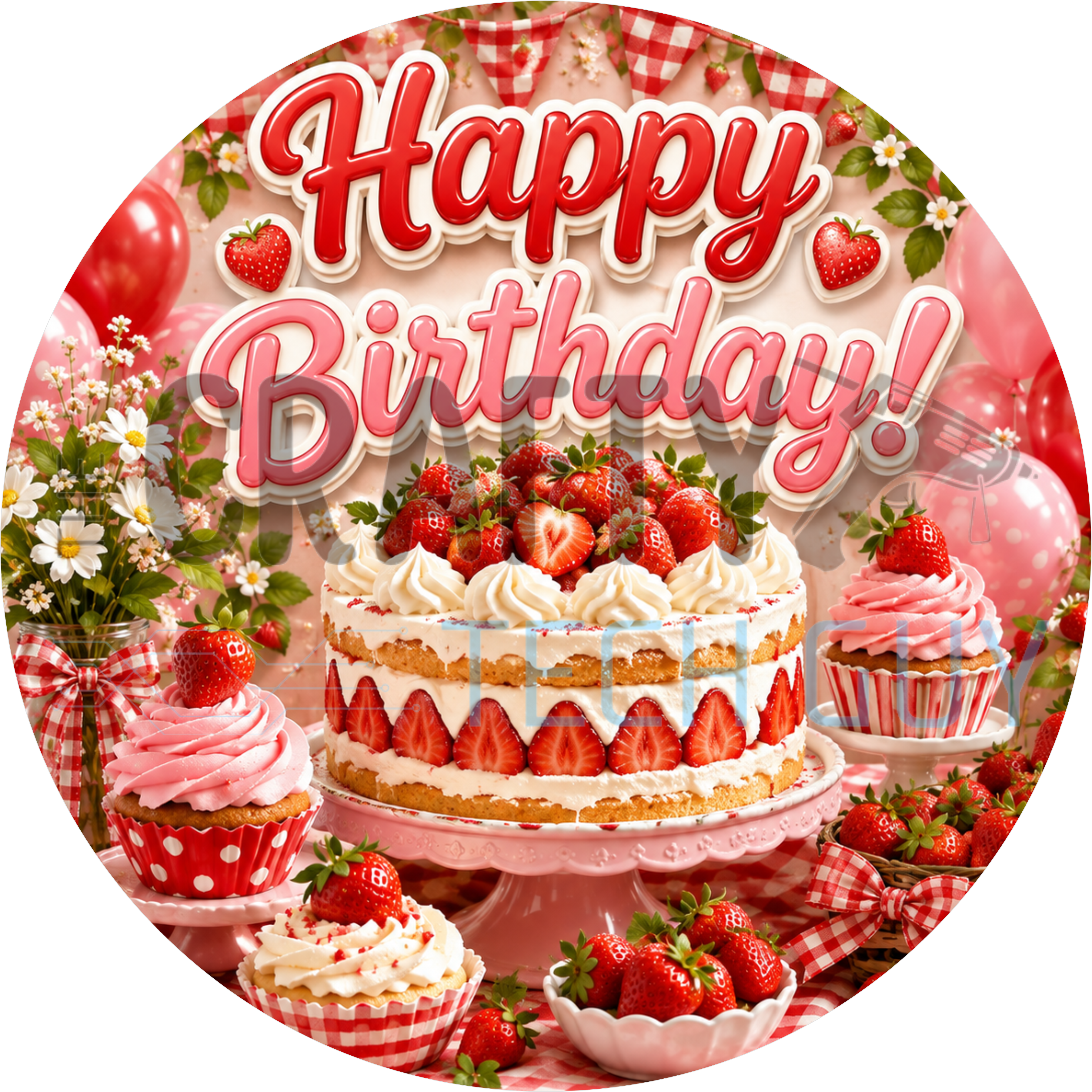 Happy Birthday round wreath sign in coated aluminum, showing strawberry shortcake with fresh berries, daisies and red gingham