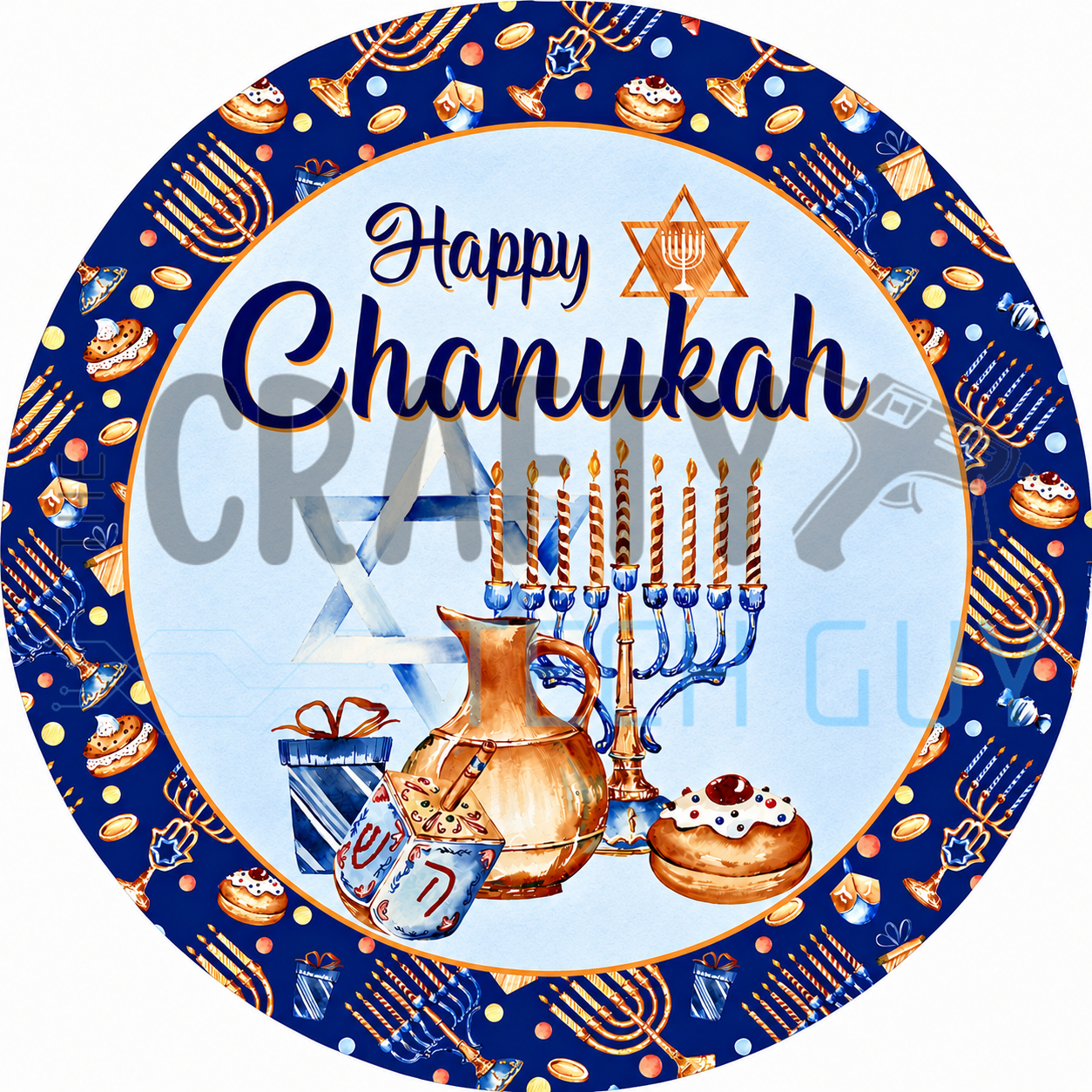 Happy Chanukah round sign featuring a menorah, Star of David, dreidel, sufganiyah, and festive blue and gold Jewish holiday design.