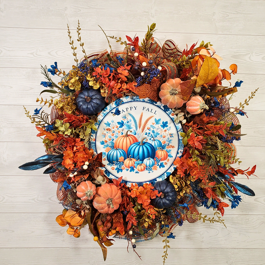 Happy Fall Pumpkin Wreath with Blue and Orange Pumpkins, Autumn Florals, Harvest Leaves, and Rustic Fall Texture