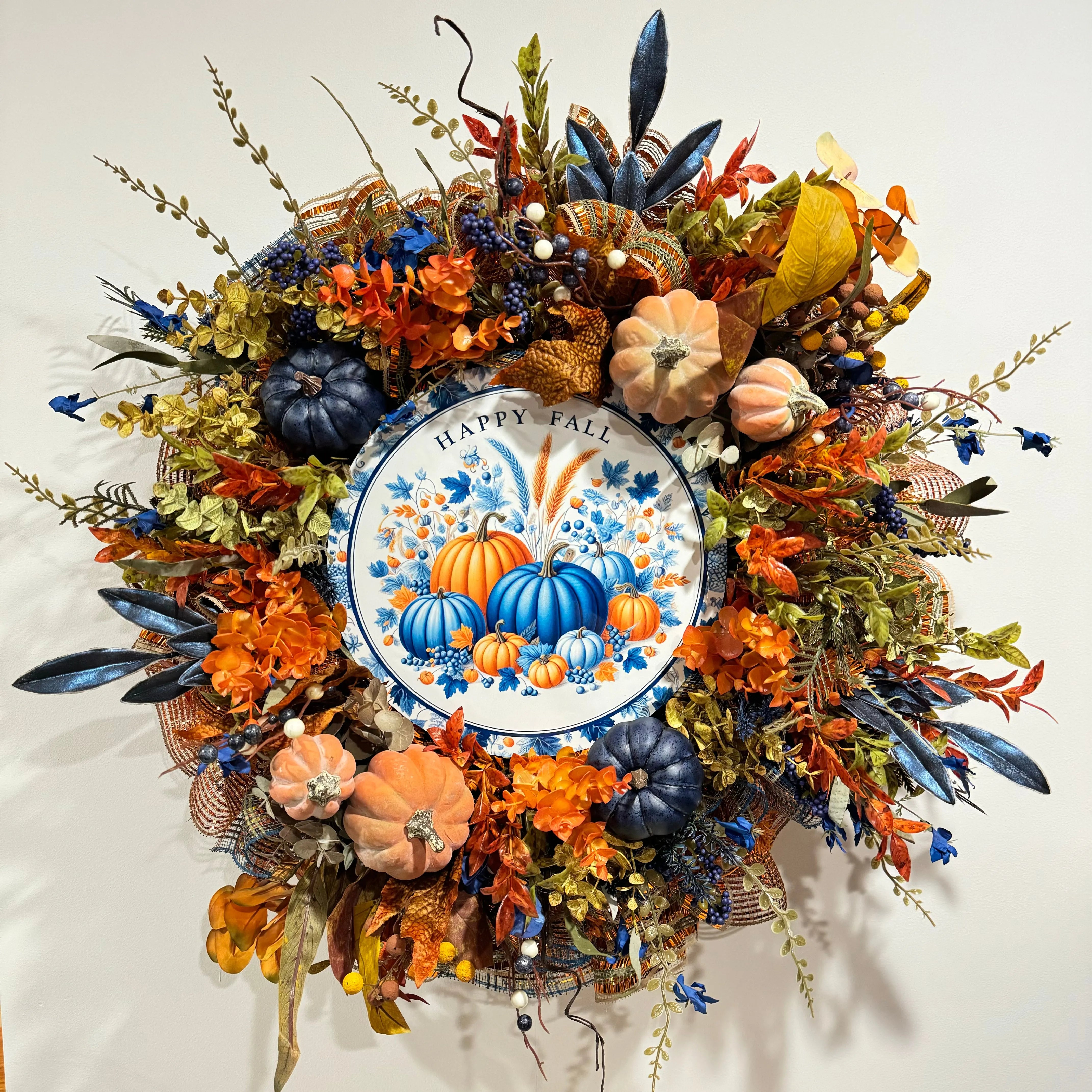 Happy Fall Harvest Wreath - Blue and Orange Pumpkin Deco Mesh Wreath for Autumn Décor