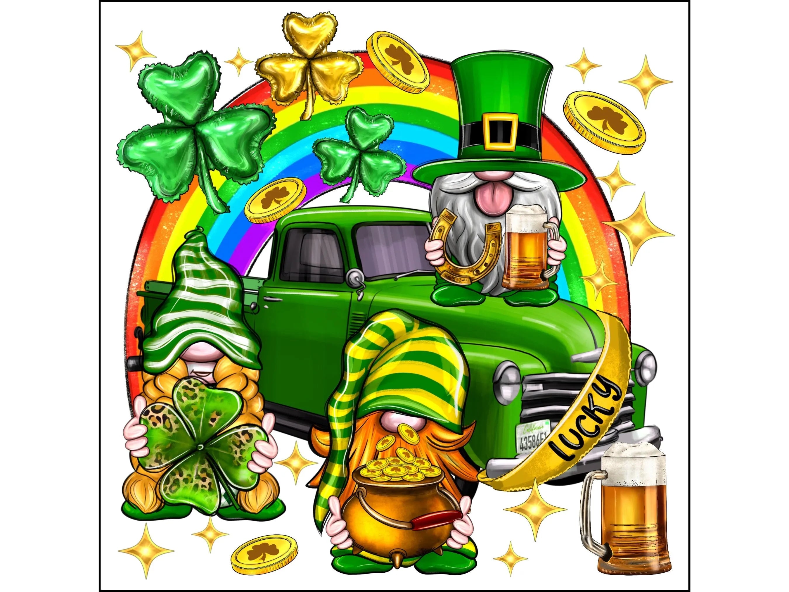 Letrero de corona de camión vintage verde arcoíris con gnomo de Feliz Día de San Patricio, letrero para marzo, letrero para la suerte