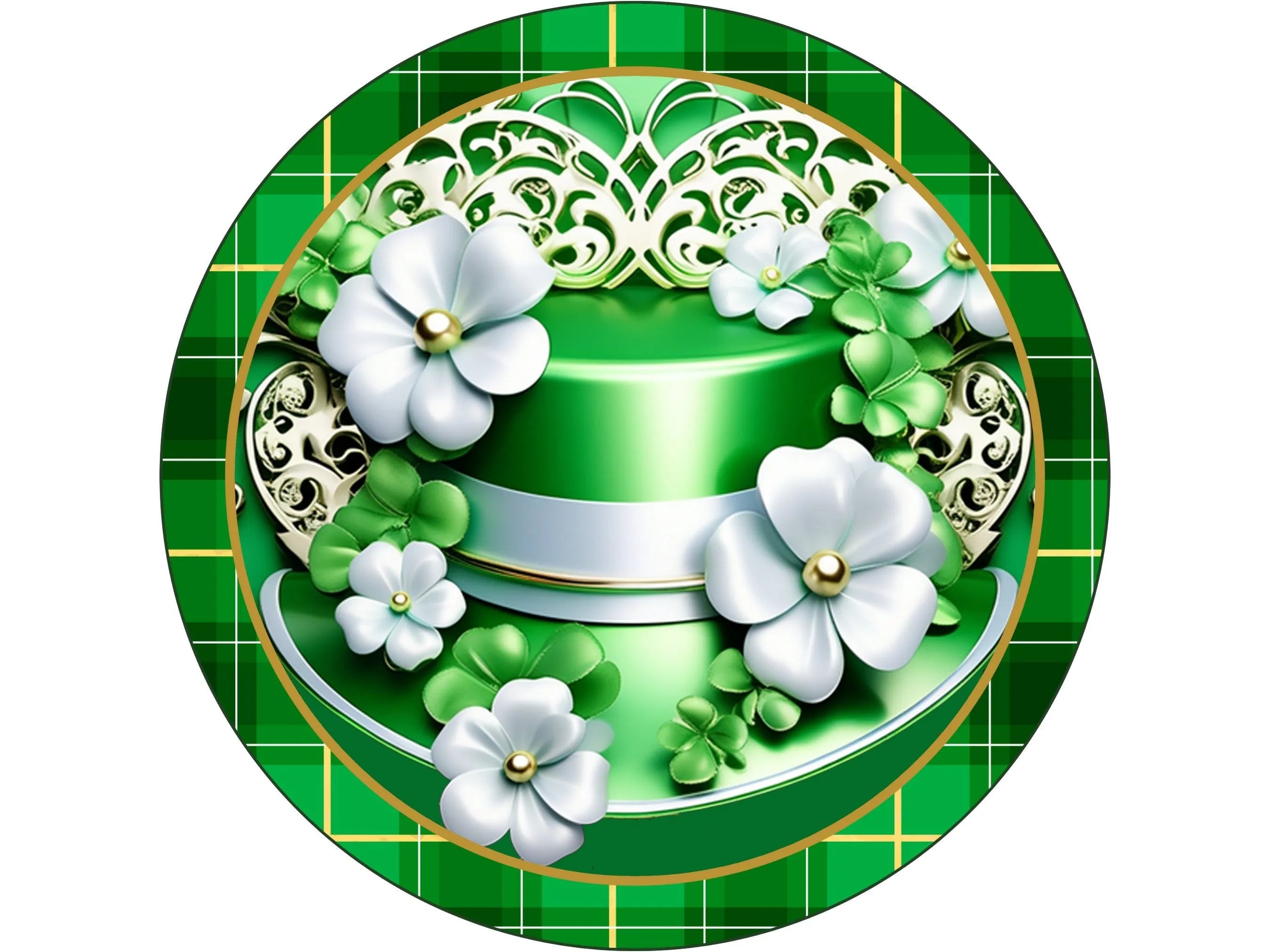 Letrero de corona de sombrero de copa verde para el Día de San Patricio, arte de pared con flores blancas a cuadros irlandeses, letrero para marzo, letrero para primavera