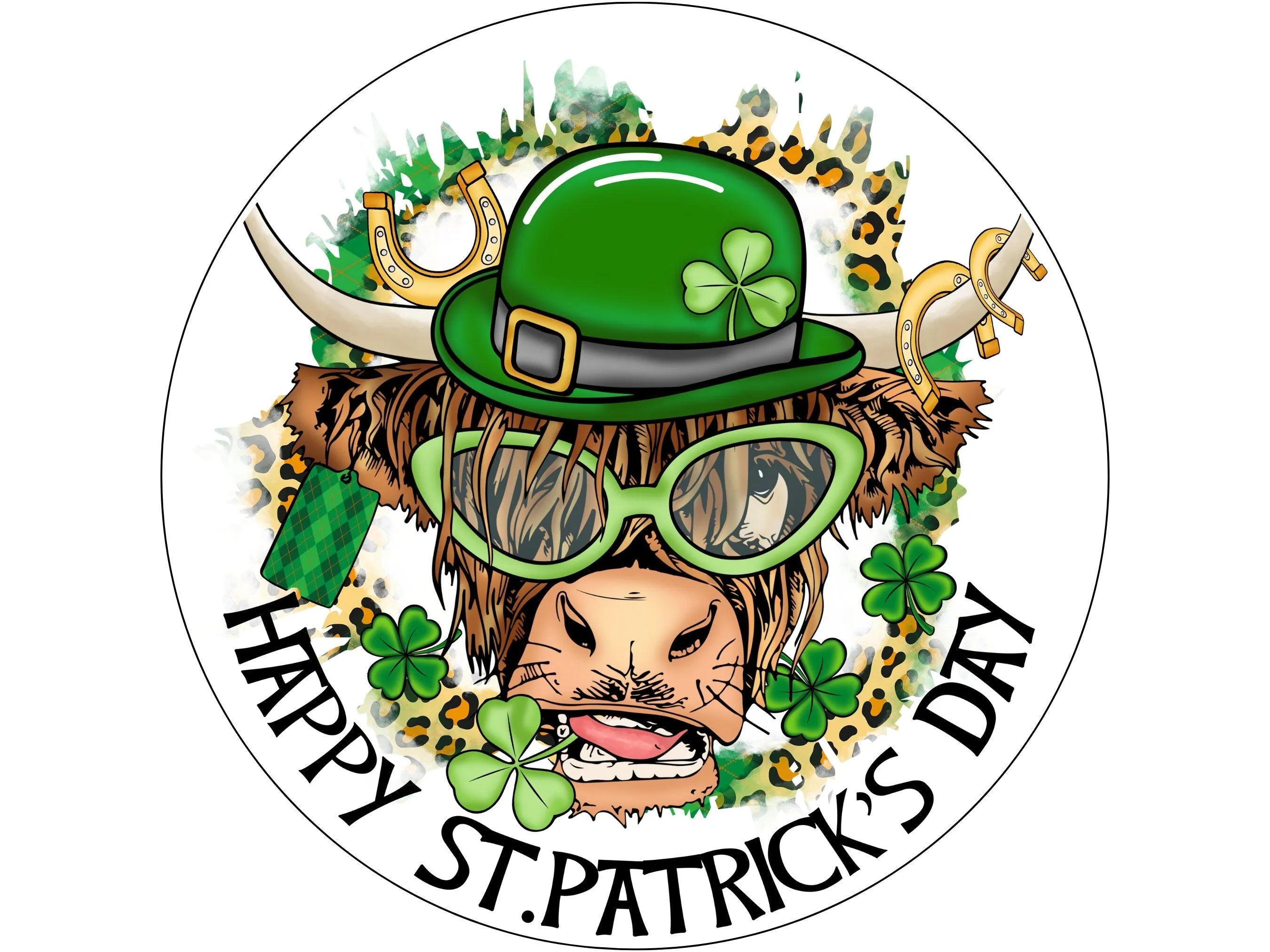 Letrero de corona de trébol con estampado animal de vaca de las tierras altas para el Día de San Patricio, letrero para marzo, letrero para la suerte