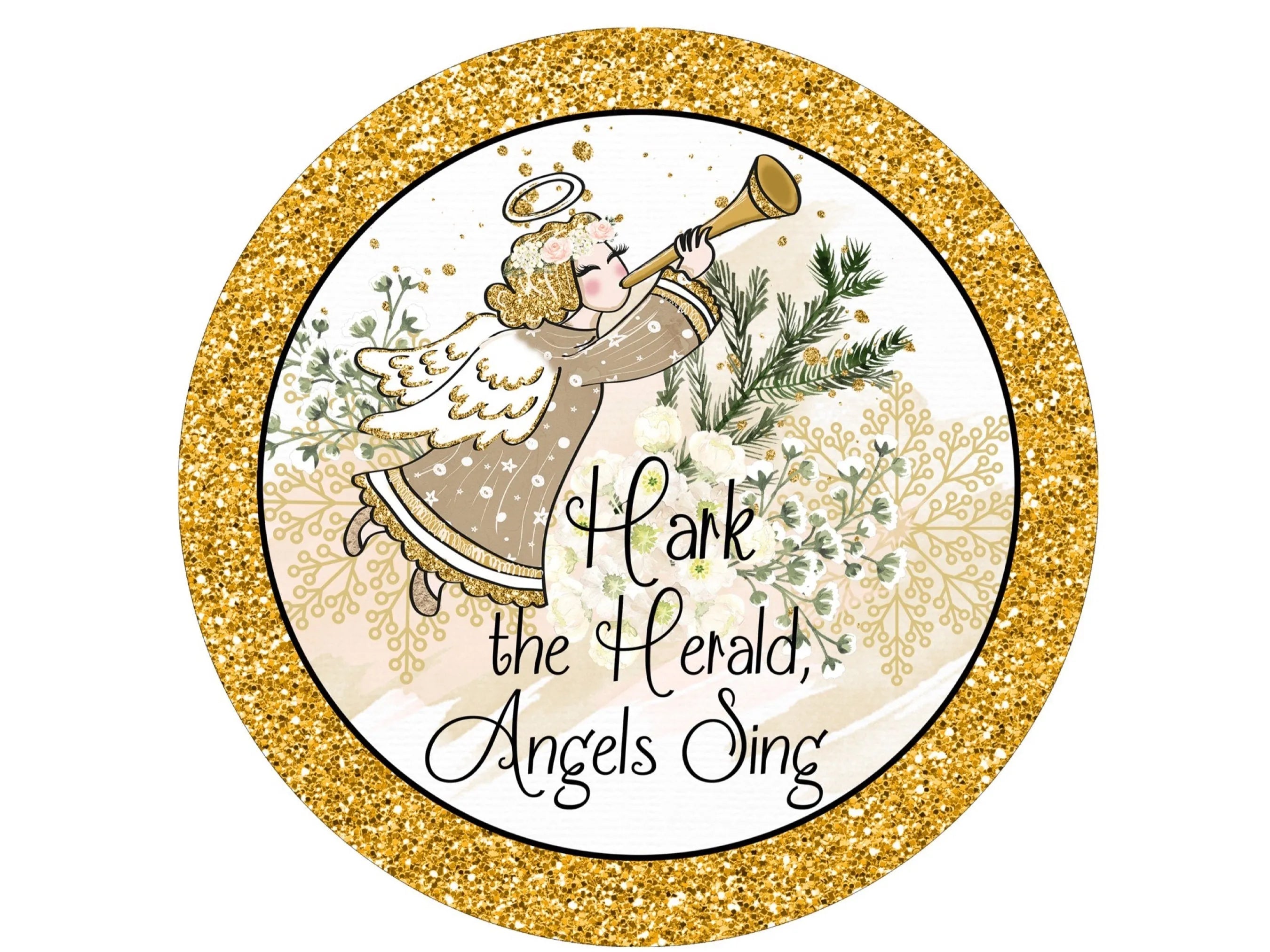 Hark the Herald Angels Sing Sign, Metal Christmas Decor, Gold Glitter Angel Round Sign, Holiday Decor