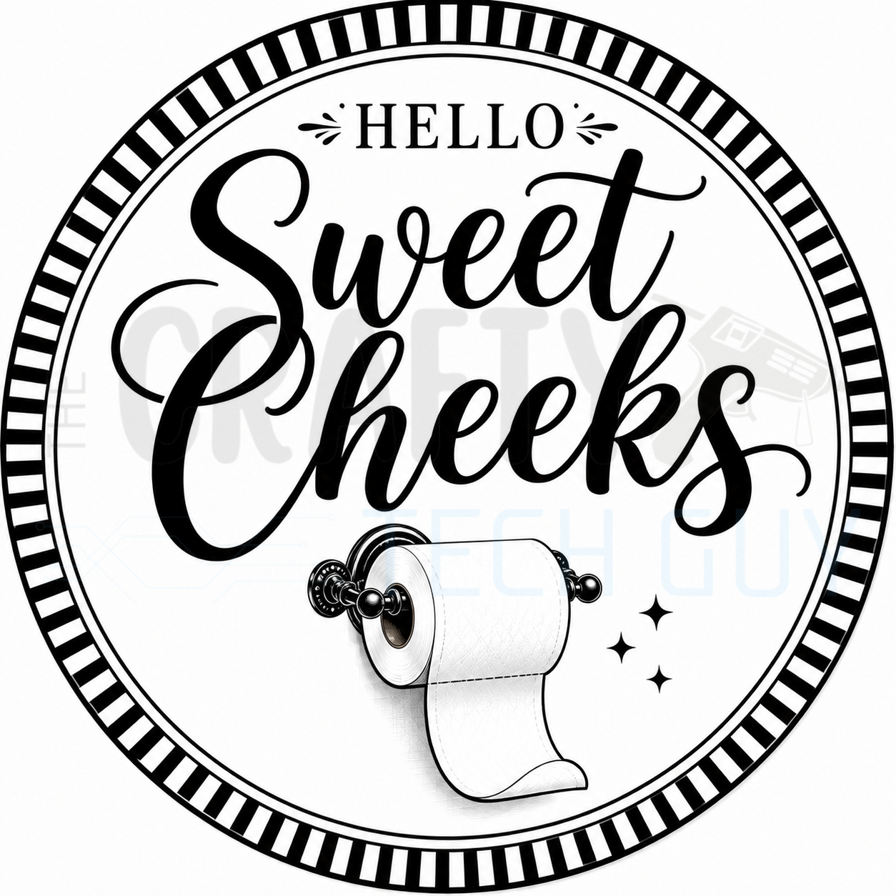 Hello Sweet Cheeks round bathroom wreath sign in coated aluminum, showing black brush script above a toilet paper roll inside a striped border