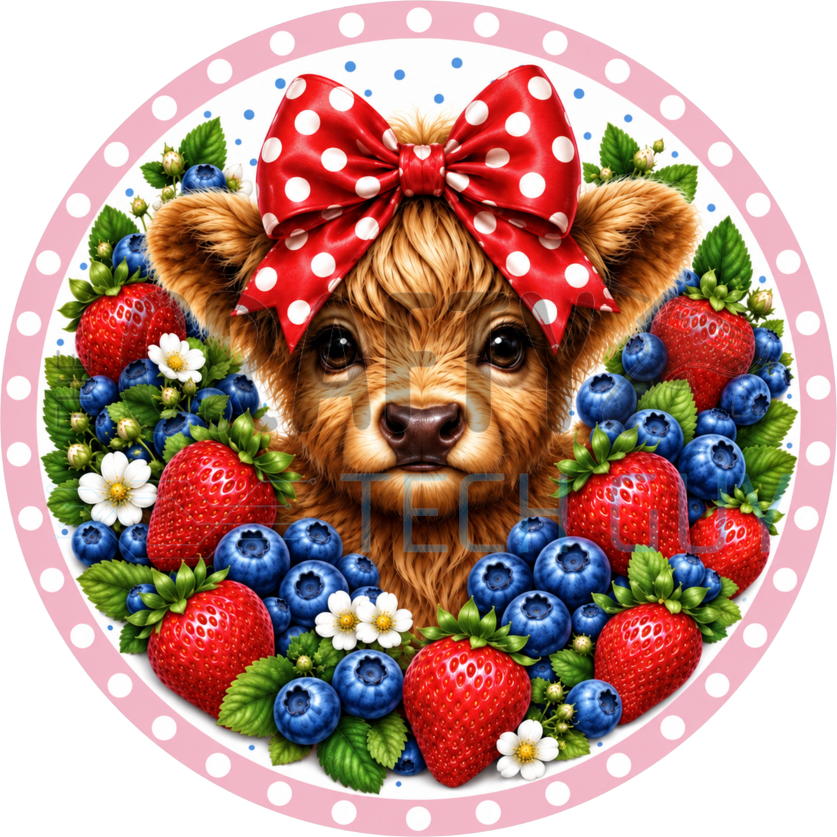 Round wreath sign of a fluffy Highland cow calf wearing a red polka dot bow surrounded by strawberries, blueberries and white blossoms inside a pink dotted border