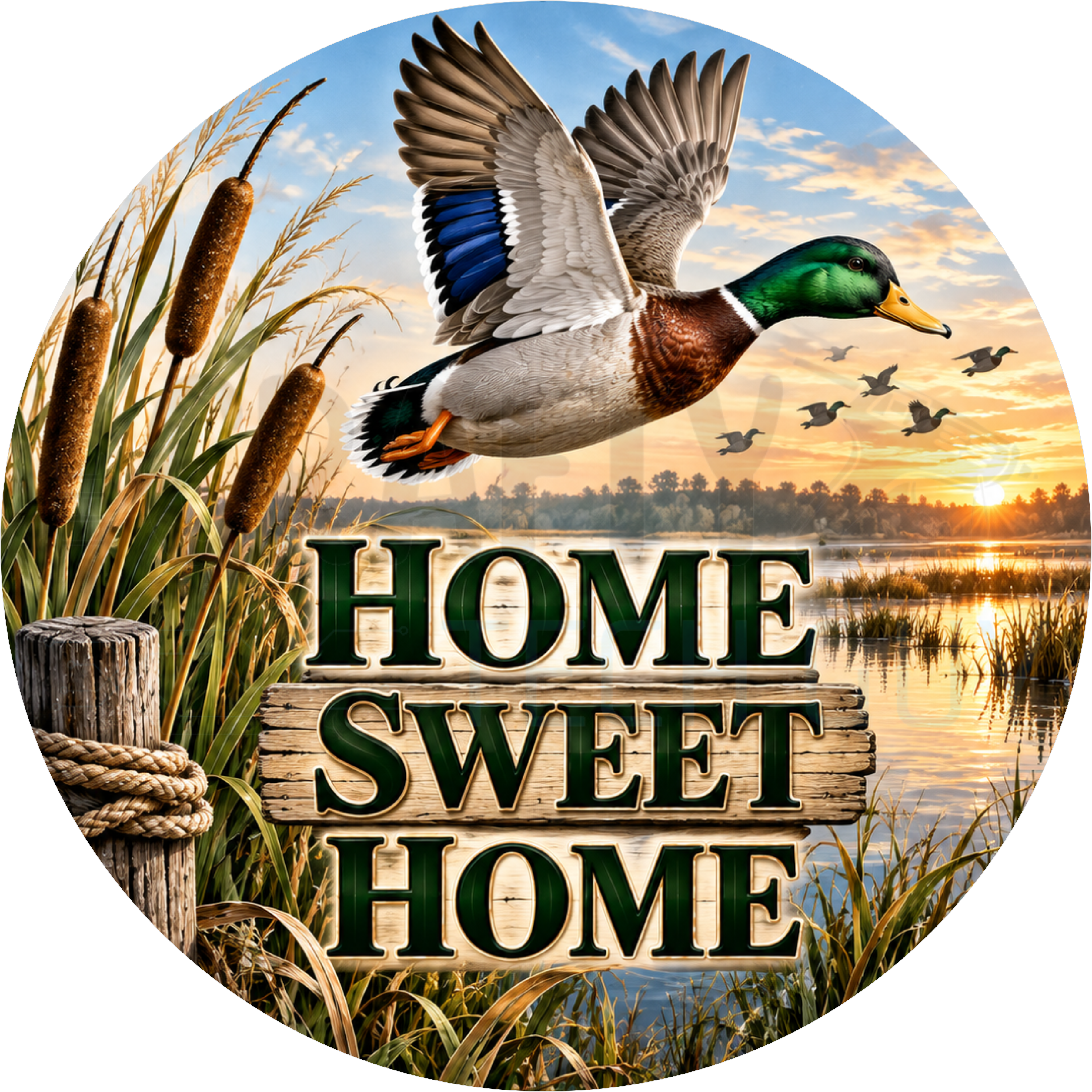 Home Sweet Home round wreath sign in gold and green coated aluminum, showing a mallard drake in flight over cattails and a sunset marsh with wood plank lettering