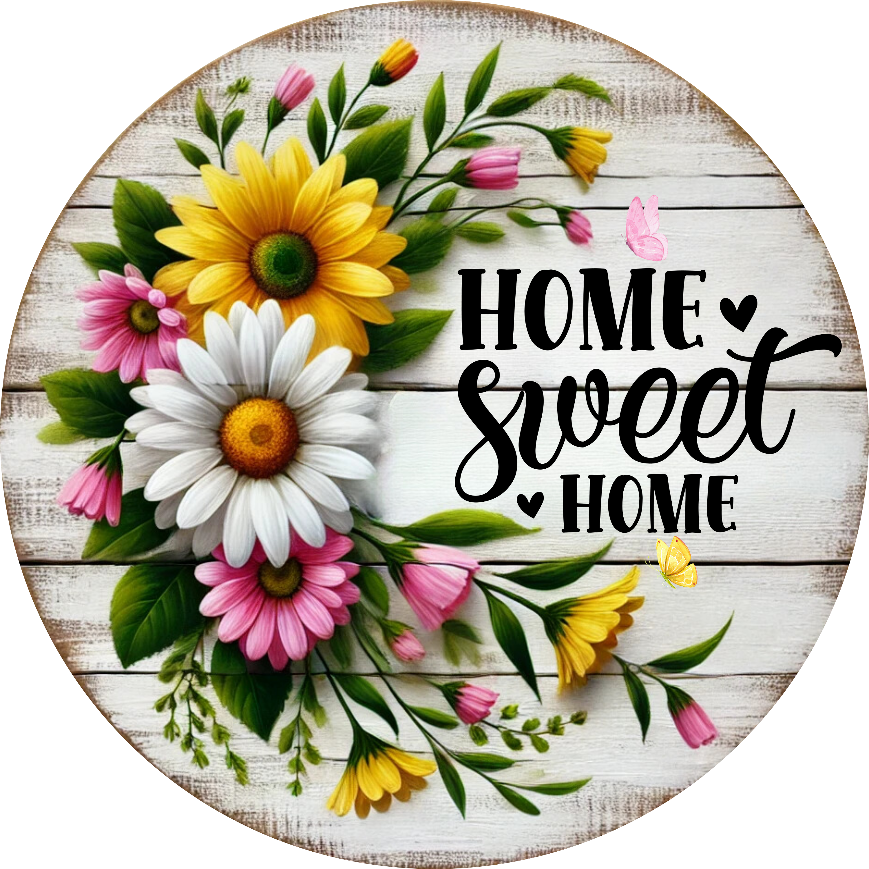 Letrero de margaritas "Hogar, dulce hogar", corona metálica floral sublimada, decoración rústica para puerta de cabaña en rosa, amarillo y blanco.